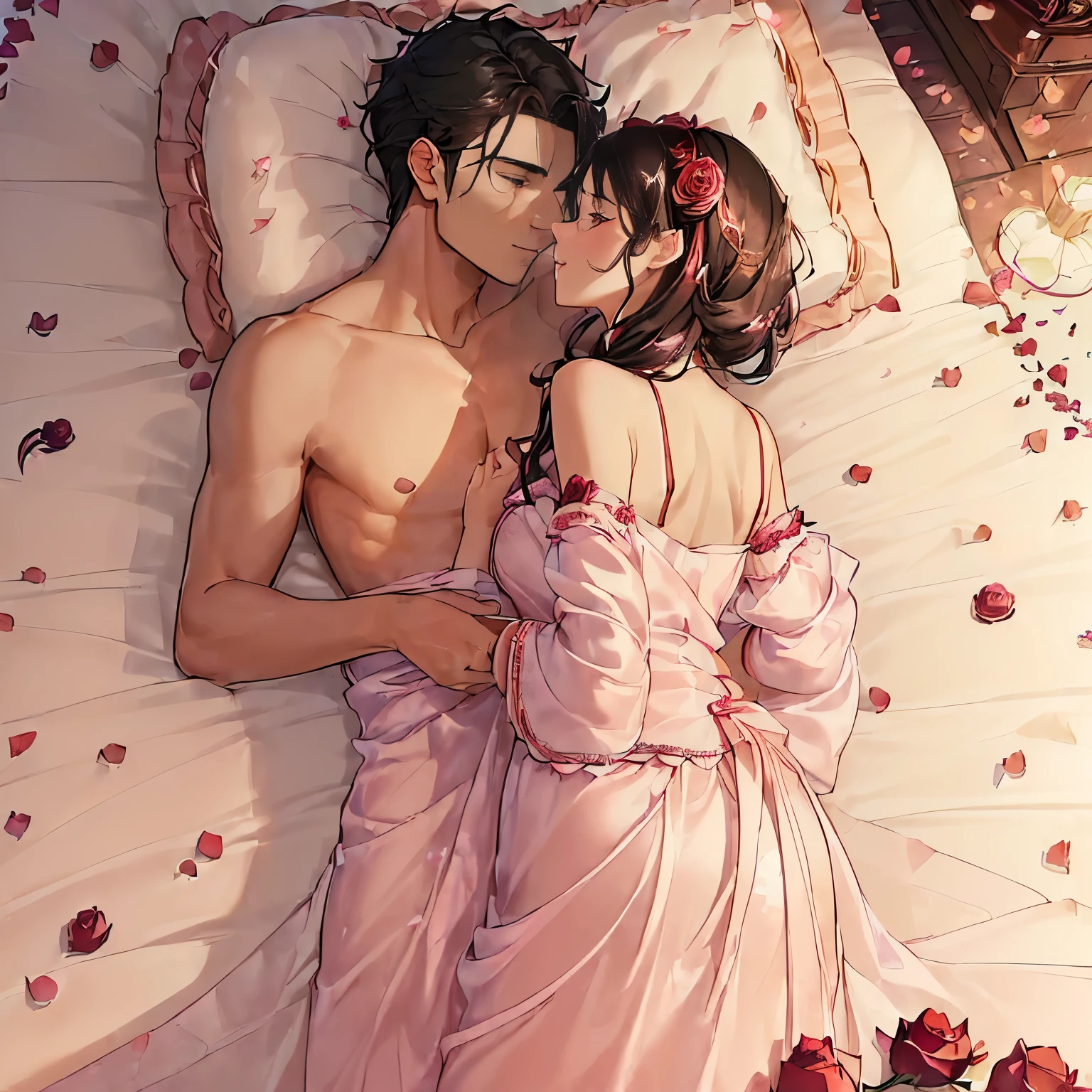 (A man in the bed holding a black-haired woman, kissing her passionately in a nighttime bedroom: 1.9) (Intense and intimate moment between the couple: 1.9) (The man has short brown hair and is wearing a casual shirt: 1.8) (The woman’s black hair cascades down her shoulders, highlighting her beauty: 1.9) (Their faces express deep love and desire: 1.9) (Soft candlelight illuminates the room, creating a romantic ambiance: 1.8) (The bed is adorned with luxurious silk sheets and scattered rose petals: 1.8)