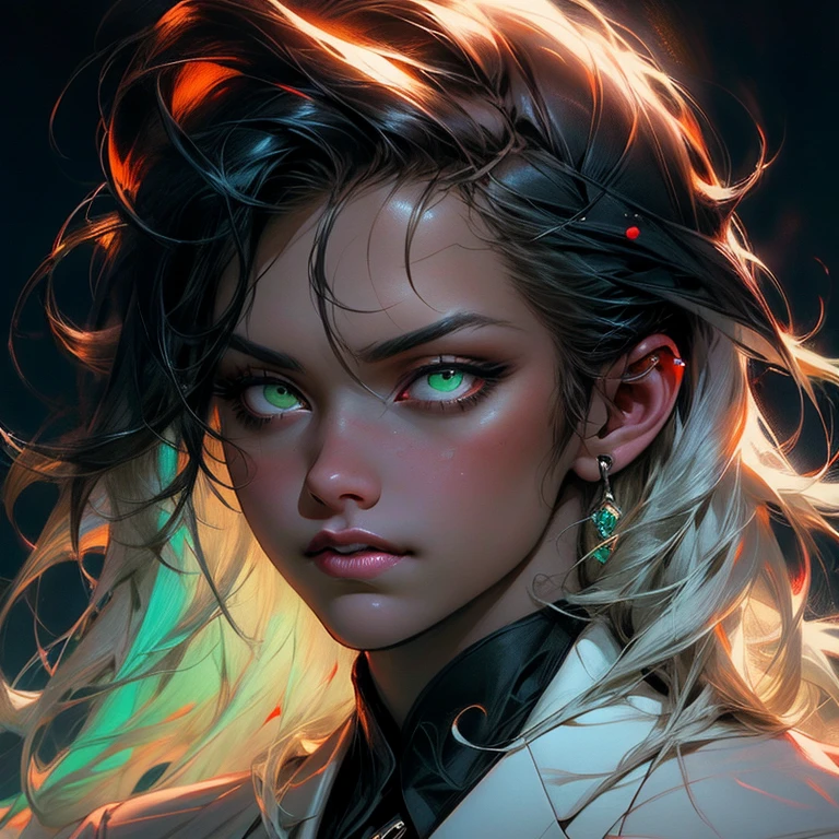 masterpiece, highest quality, (solo focus), (perfect face:1.1), (high detail:1.1),dramatic, 1guy, (pale skin), long white,black hair, green eyes, solo, long hair, moon, night, black,white luxury suit, covered navel, pouty lips, covered, London city, detailed background, art by artgerm and greg rutkowski, gothic renaissance, cinematic lighting, animal print,  male Cruella de Vil, art by Heise Jinyao, by zeilyan