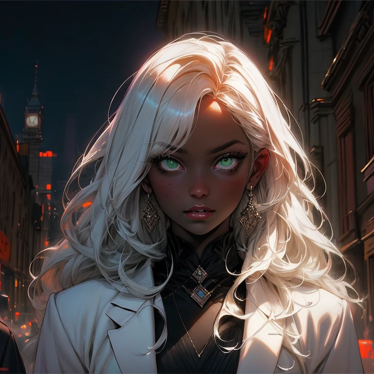 masterpiece, highest quality, (solo focus), (perfect face:1.1), (high detail:1.1),dramatic, 1guy, (pale skin), long white,black hair, green eyes, solo, long hair, moon, night, black,white luxury suit, covered navel, pouty lips, covered, London city, detailed background, art by artgerm and greg rutkowski, gothic renaissance, cinematic lighting, animal print, male Cruella de Vil, art by Heise Jinyao, by zeilyan