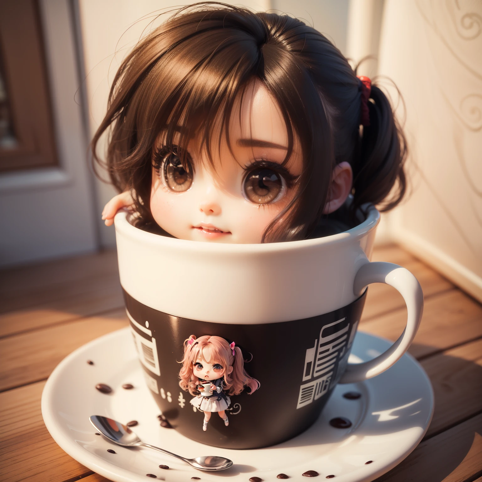Cute little girl s、(((Chibi 3D))) (Best Quality), (masutepiece)、Chibi Open Cafe、outside of house、Coffee Cup、Next to it is、There is a cake with shortcuts on the plate🍰、A detailed face、Fun、happy