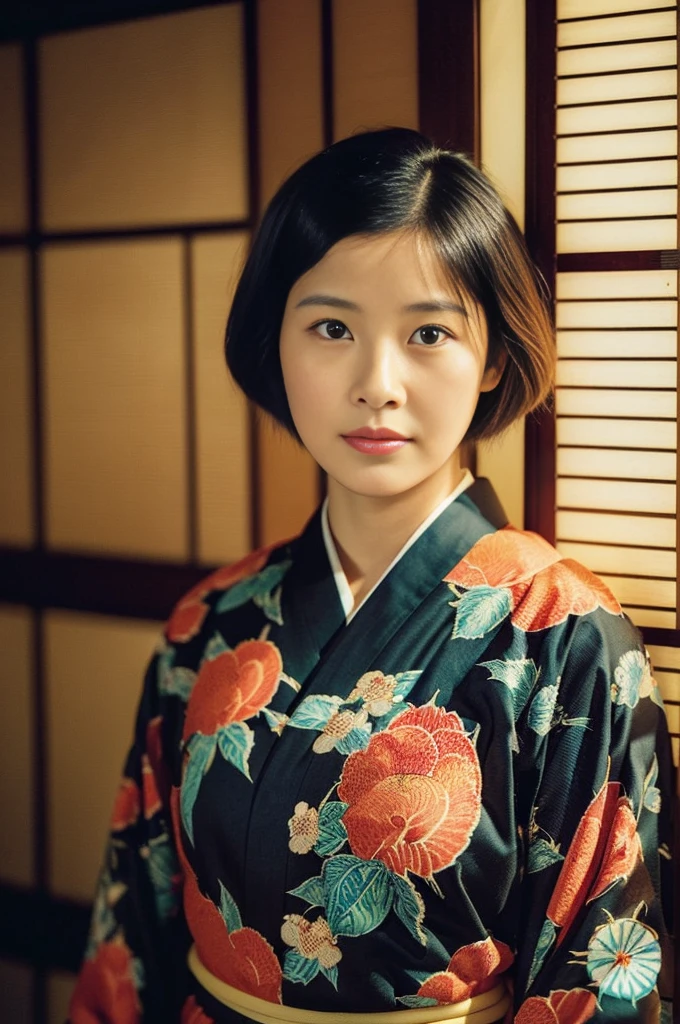 (Flicker effect:1.3)(analog film photo:1.4)(vintage photo:1.2)(portra 400)(instant film:1.2)in front of a traditional japanese room( woman in a floral textile kimono:1.2)1 woman, portrait, Korean idols, japanese beauty, high quality, (detailed face:1.4) best quality,8k