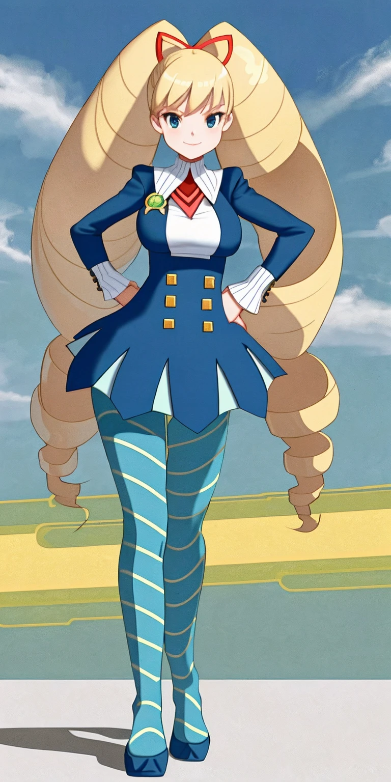 full body standing straight symmetrical, huge boob(masterpiece, best quality:1.2), cowboy shot, solo, 1girl, mmplatz, smile, looking at viewer, hands on hips, twintails, twin drills, dress, blue pantyhose, striped pantyhose, Handcuffs on their hands, With a collar around the neck