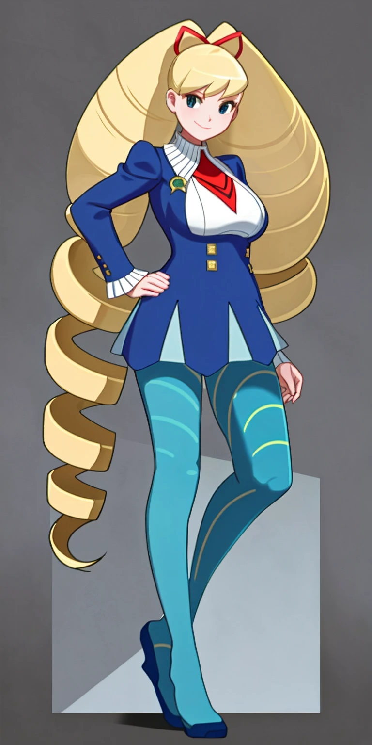 full body standing straight symmetrical, huge boob(masterpiece, best quality:1.2), cowboy shot, solo, 1girl, mmplatz, smile, looking at viewer, hands on hips, twintails, twin drills, dress, blue pantyhose, striped pantyhose, Handcuffs on their hands, With a collar around the neck