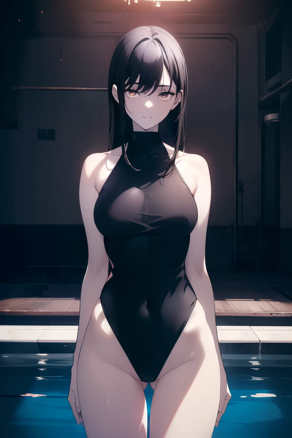 ((((Obra maestra, La mejor calidad, ultrahigh resolution)))), 1girl, standing, navy blue one piece competitive swimsuit, (((black hair, dark black hair over eye:1))), long hair cut, pale skin, ((brown eyes)), glowing_eyes, neon eyes, (ultra detailed eyes:0.7, beautiful and detailed face, detailed eyes:0.9), ((centered)), smile, ((wide shot)), facing viewer, ((indoor swimming pool background)), medium breasts, looking at viewer, ((half closed eyes)), ((perfect hands)), (((head:1, arms, hips in view, elbows, thighs, in view))), (hands at sides), empty eyes, beautiful lighting, outside, outdoors, background, defined subject, 25 years old, (head tilt), (sexy pose)