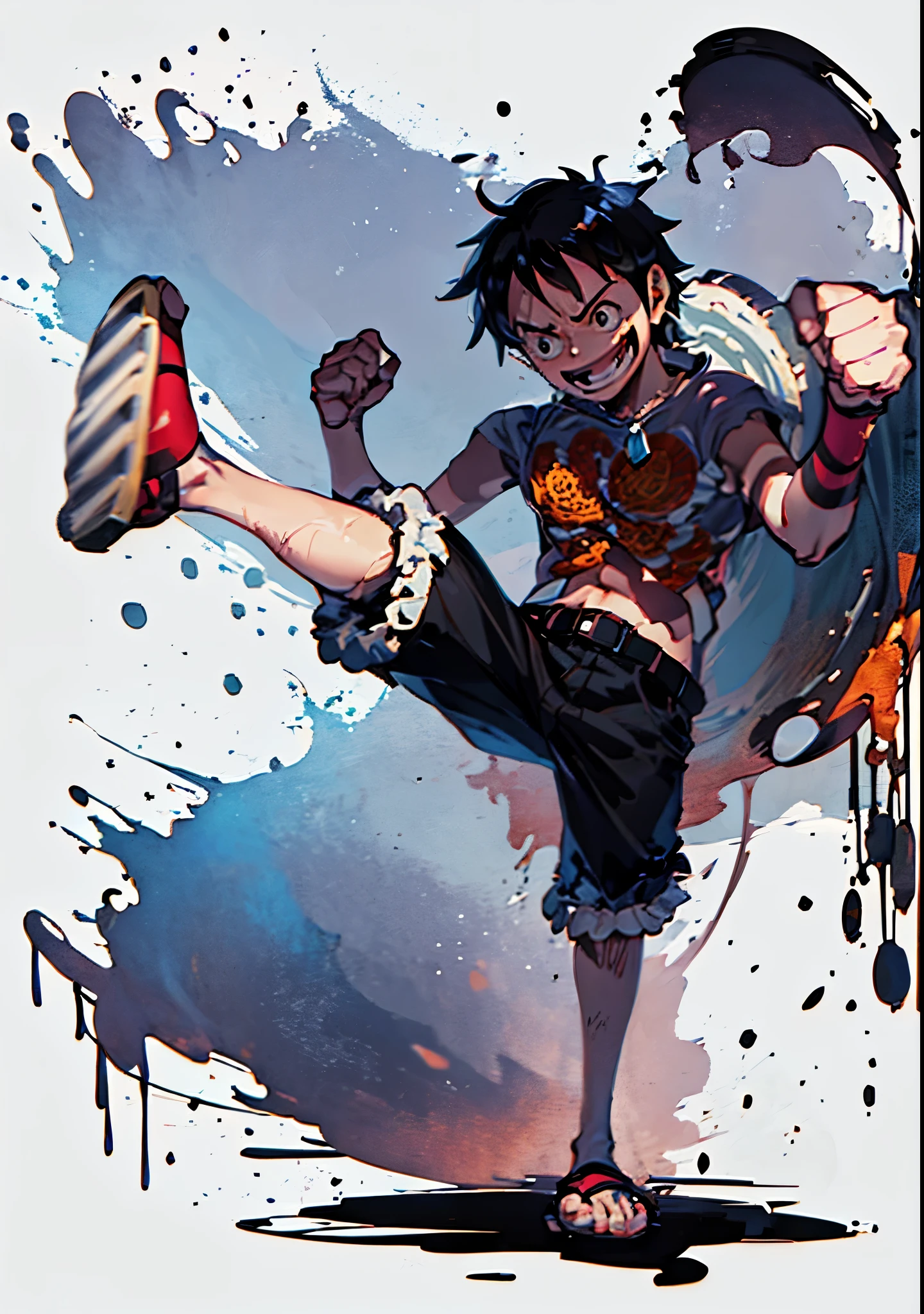 one piece Luffy, wearing shorts and flip-flops, 1.8 meters high, short hair, rupee, straw hat, male focus, Solo, has, Black hair, Smile, looking up at viewer, Sorrisos, scar, Water, Orange Eyes, dirty, 鎖骨,