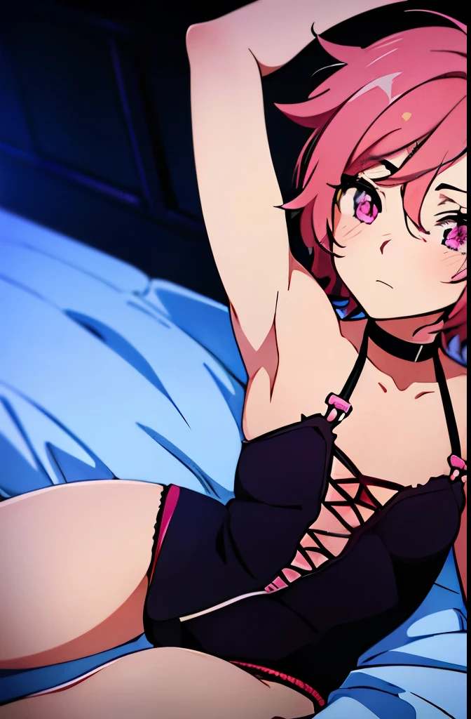 there is a cartoon picture of feminine boy with short pink hair, anime moe artstyle, 1 7 - year - old anime, in an anime style, demon femboy, flat anime style, cute, crossdresser, lewd body, curvy, sexy lingerie, doing a pose in bed