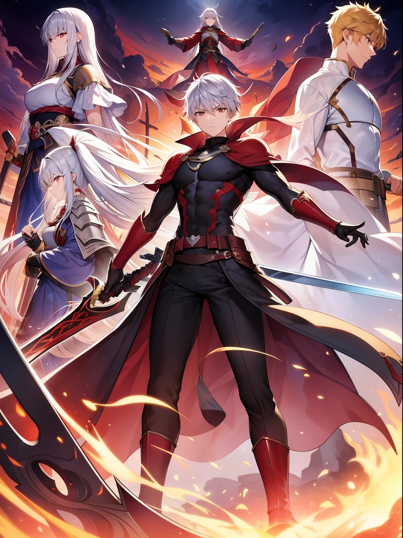 top-quality、Masterpiece、detaileds、Fate/Stay naight、Shiro Emiya、A pair of male and female swords Ganshou/Moya、Brown skin、silber hair、Shorthair、well-muscled、Muscle、red cloak、Made of Infinite Swords、The body is made of swords。Blood is iron、heart is glass。Undefeated through countless battles。Not even a single defeat、No just one victory。The bearer is here alone、Forging Iron on the Hill of Swords。If so、My life doesn't need meaning、This body was made of infinite swords.。I am the bone of my sword.Steel is my body, and fire is my blood.I have created over a thousand blades.Unaware of loss.Nor aware of gain.Withstood pain to create weapons,waiting for one's arrival.I have no regrets.This is the only path.My whole life was"unlimited blade works"
