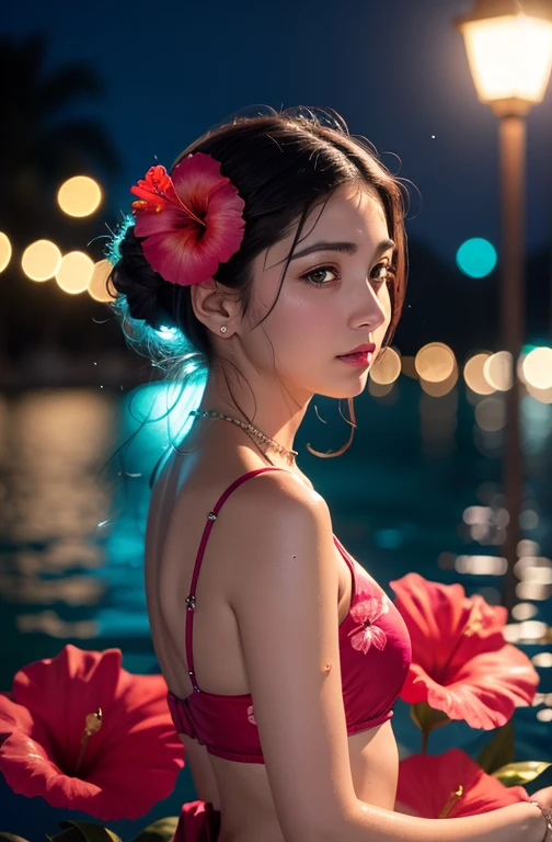 hibiscus Moon with water drops,neon glow, random background, sun rise, bokha mood