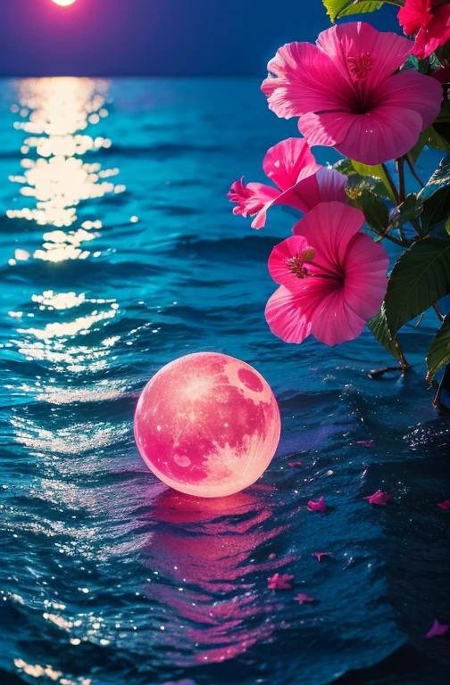 hibiscus Moon with water drops,neon glow, random background, sun rise, bokha mood