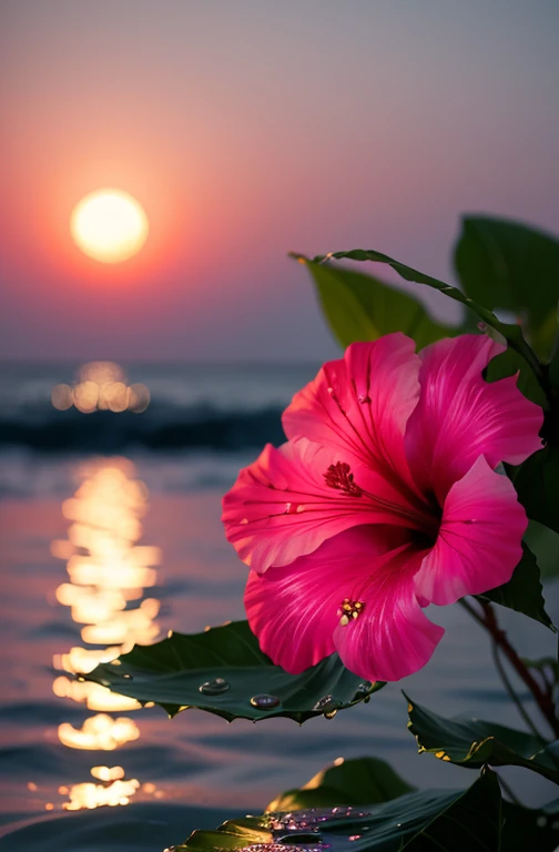 hibiscus Moon with water drops,neon glow, random background, sun rise, bokha mood