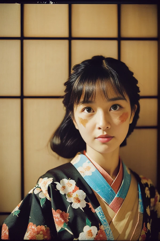 (Flicker effect:1.3)(analog film photo:1.4)(vintage photo:1.2)(portra 400)(instant film:1.2)in front of a traditional japanese room( woman in a floral textile kimono:1.2)1 woman, portrait, Korean idols, japanese beauty, high quality, (detailed face:1.4) best quality,8k