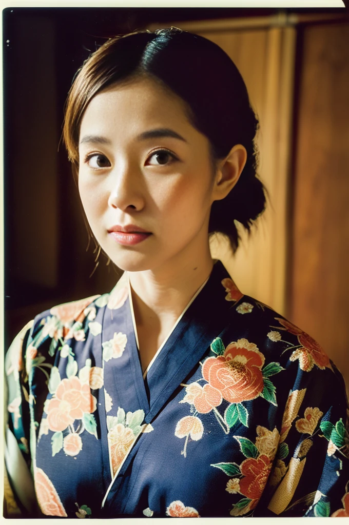 (Flicker effect:1.3)(analog film photo:1.4)(vintage photo:1.2)(portra 400)(instant film:1.2)in front of a traditional japanese room( woman in a floral textile kimono:1.2)1 woman, portrait, Korean idols, japanese beauty, high quality, (detailed face:1.4) best quality,8k