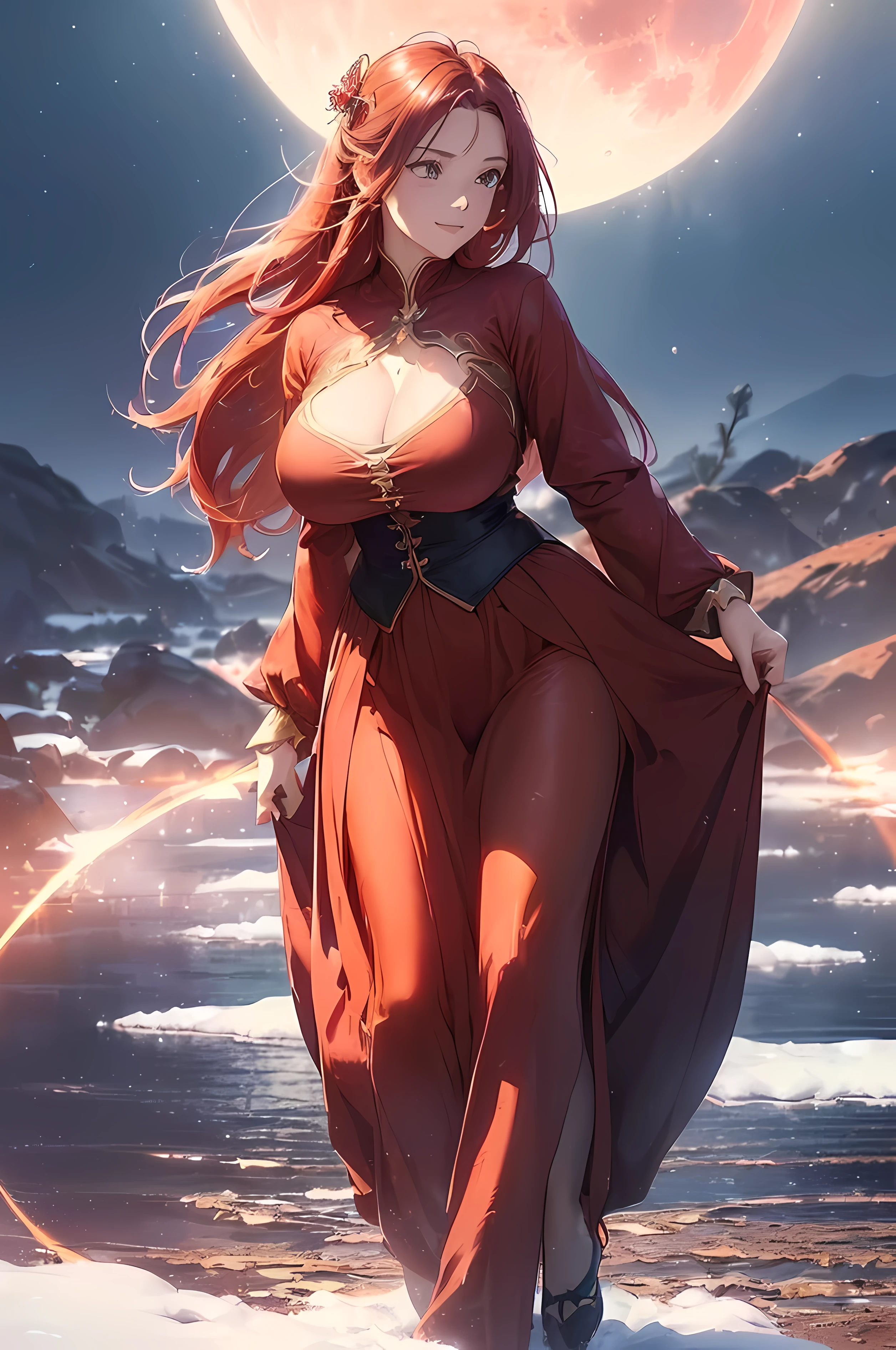 A beautiful woman, mysterious, ((((realistic oil art, 46-year-old Empress, mysterious vibe, lonely scene, vibrant look, (( mystery, mysterious, )), (( soft red details, dark red full clothes celestial clothes, full clothes, long skirt, wet clothes)), 1girl, masterpiece, extremely detailed, (beautiful detailed glow), lens flare, red flare lens, moon flare, clouds, backlighting, (shining blue sky)
, light from behind, shadow on the figure, sparkling snow ,smile, laughter, standing in the distance, looking at the viewer, full-length
, elegance under the red moon, hair ornament, movement motion, image look alive, perfect body figure, very big breast, very big ass, beautiful face, milf, royal, soft red color hair, silky hair, shining hair, shine eyes, golden eyes, ponytail long hair style, beautiful skin, Extremely details hair, fine details, cinematic lighting, beautiful lighting effect, creative design, full body frame, divine aura, hard harmony , moon light, perfect color transition, perfect balance of contrast, perfect color layer, perfectly smooth color blur, soft rendering, smooth color stroke, moon glare, optic lens, moonlight ray, soft colors, smooth colors blend, perfect color rendering, harmony, perfect color harmony, beautiful color, soft harmony, light particles, perfect details, intricate details, color prism, fine details, refine details, different view point, extremely details clothes))), Tachibana Omina art style, mysterious eyes gaze, half a smile, slightly open mouth, a mysterious expression on the face, mysterious scene under the shadow, balls of fire floating around, shadow, calm, breeze and sunlight, sun, red snow, lake, red water, reflection, in the background, butterflies in the sky, shining butterflies, realism, ((Best quality))),8k,((Masterpiece)),(Extremely refined and beautiful)
