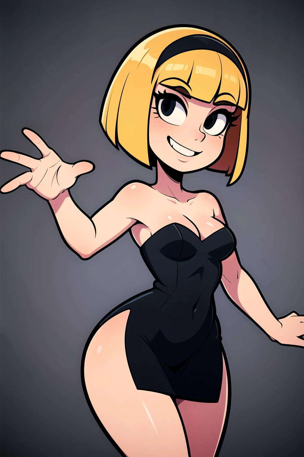 (masterpiece:1.4), (best quality:1.4), (high resolution:1.4), cartoon style, smile, short hair, blonde hair, bob cut, black hairband, bare shoulders, little black dress, black bodycon dress, looking at viewer, detailed face, detailed eyes, black eyes, small breasts, slim, wide hips, dynamic pose, solo, 1 girl, fancy hotel background, character focus