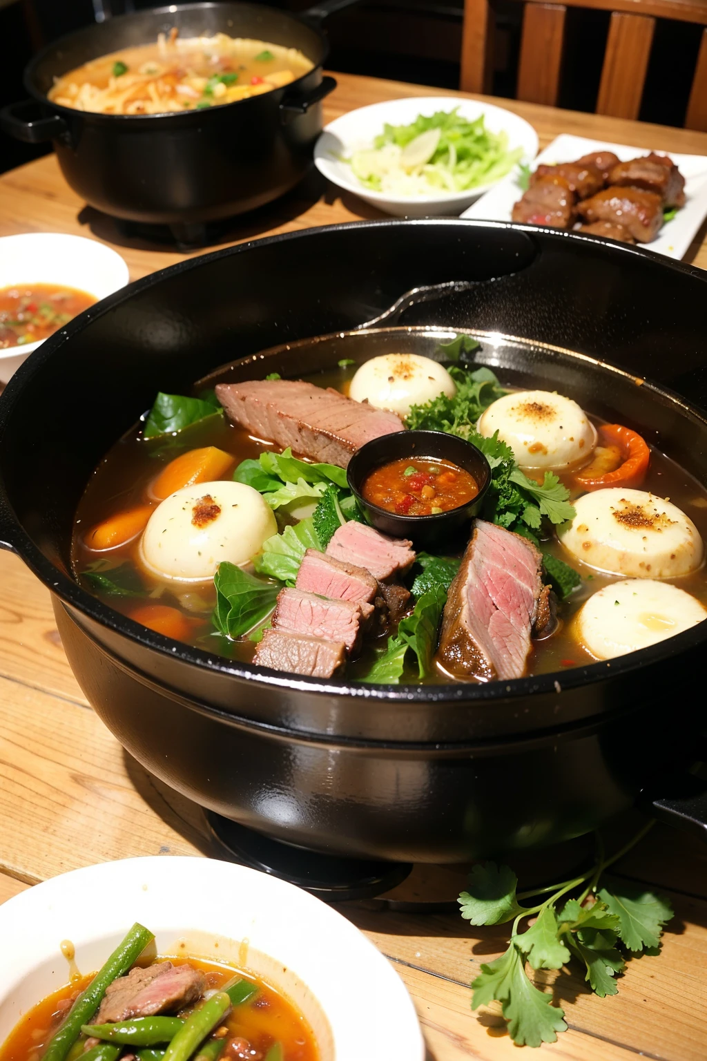 on the restaurant table,hot pot,beef,mutton,mutton volume,lettuce,chili pepper,Delicious food