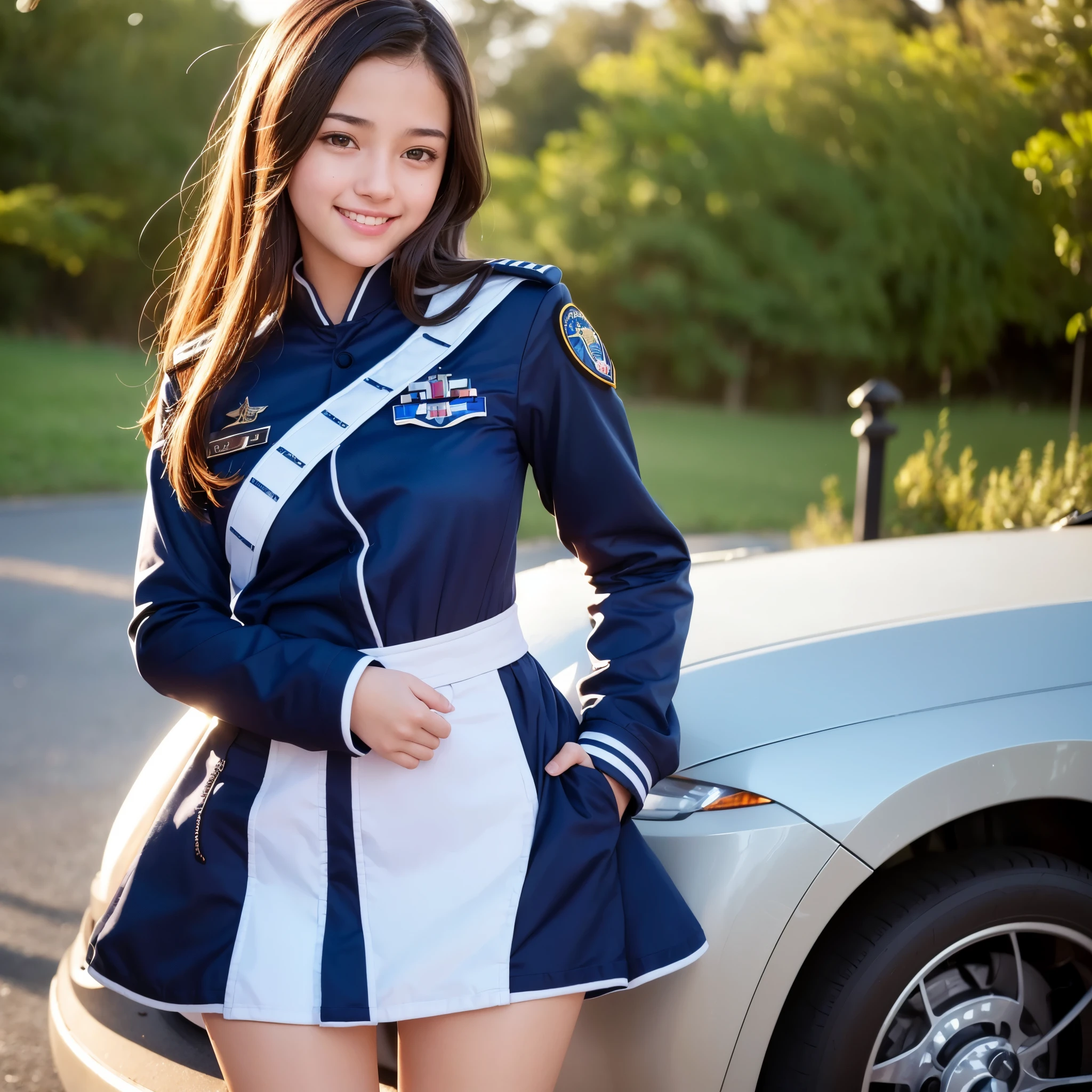 one teenage cute girl in uniform, (masterpiece, best quality:1.2), ultra high res, (photorealistic:1.4), detailed skin, cinematic lighting, friendly, intelligent, conversation engaging, happy, kind, energetic, cheerful, creative, with sparkling eyes and a contagious smile