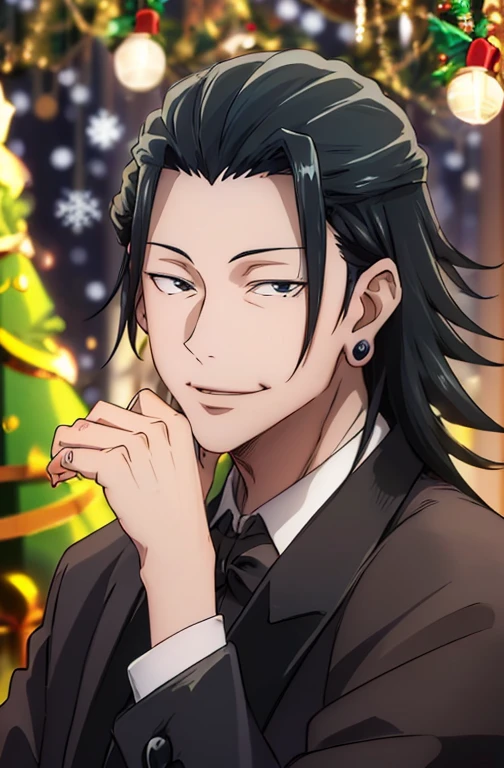 masutepiece, Best Quality, High quality, 1boy, Solo, Male Focus, Looking at Viewer, Upper body, Black eyes、smil、One Boy, (((Black tuxedo,Sexy black suit,Please give me a Christmas present,Christmas tree,colorful lighting,)))Background Nightclub,Fancy lighting,spot light,Beautiful hands