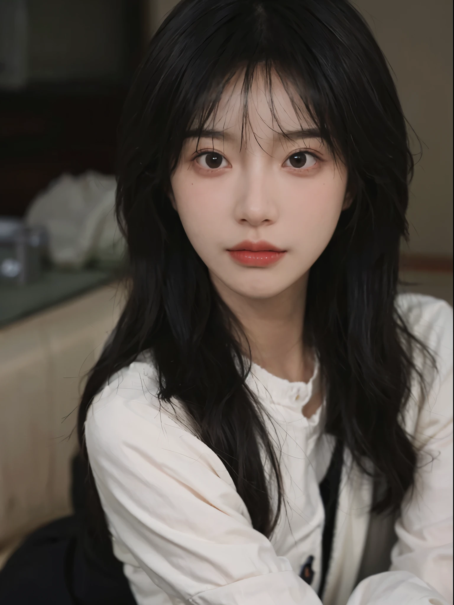 best qualtiy, 超高分辨率, (realisticlying:1.4),A woman with long black hair and a gray sweater, 中景 the scene is,,Soft portrait shot 8 K, pale round face, She has black hair,By bangs, young lovely Korean faces, wan adorable korean face, ulzzangs, Shin Jinying, beautiful aesthetic face, Korean face features, soft round face, iu lee ji-eun as a super villain, 美丽的realisticlying的脸