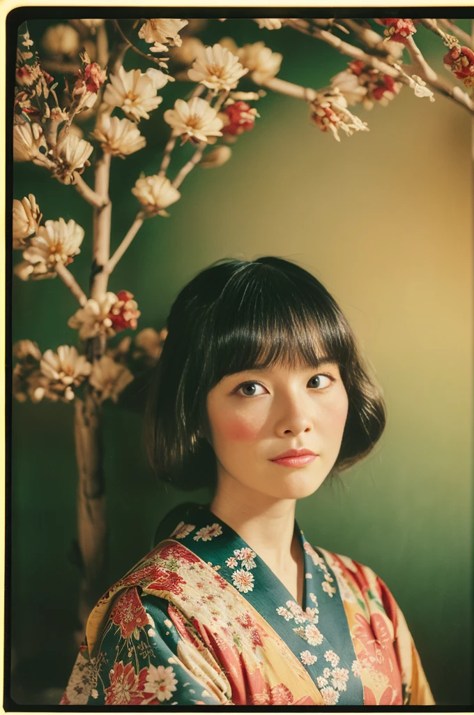(Flicker effect:1.4)(analog film photo:1.4)(vintage photo:1.4)(portra 400)(instant film:1.3)in front of a traditional japanese room( woman in a floral textile kimono:1.2)1 woman, portrait, Korean idols, japanese beauty, high quality, (detailed face:1.4) best quality,8k