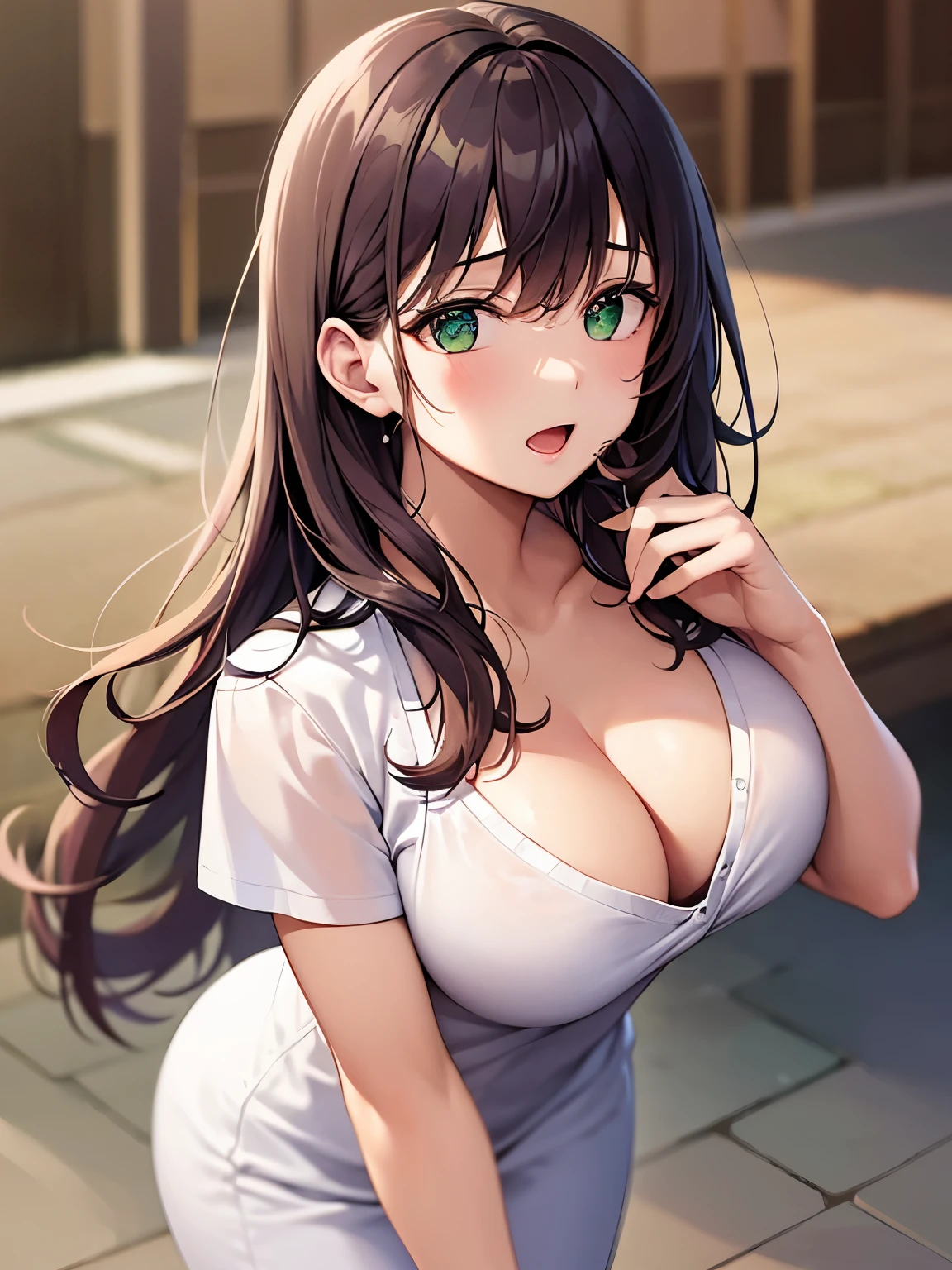 Angle from above, Placing hand on table, High angle, (leaning forward:1.3), Staring、​masterpiece、top-quality、 A 40-year-old green-eyed woman with wavy lobed brown bangs.、Cleavage is visible、Wearing a white blouse、wearing a beige skirt、scared, open mouth, The background is a restaurant、(is standing:1.3)、Bold composition、Alone、