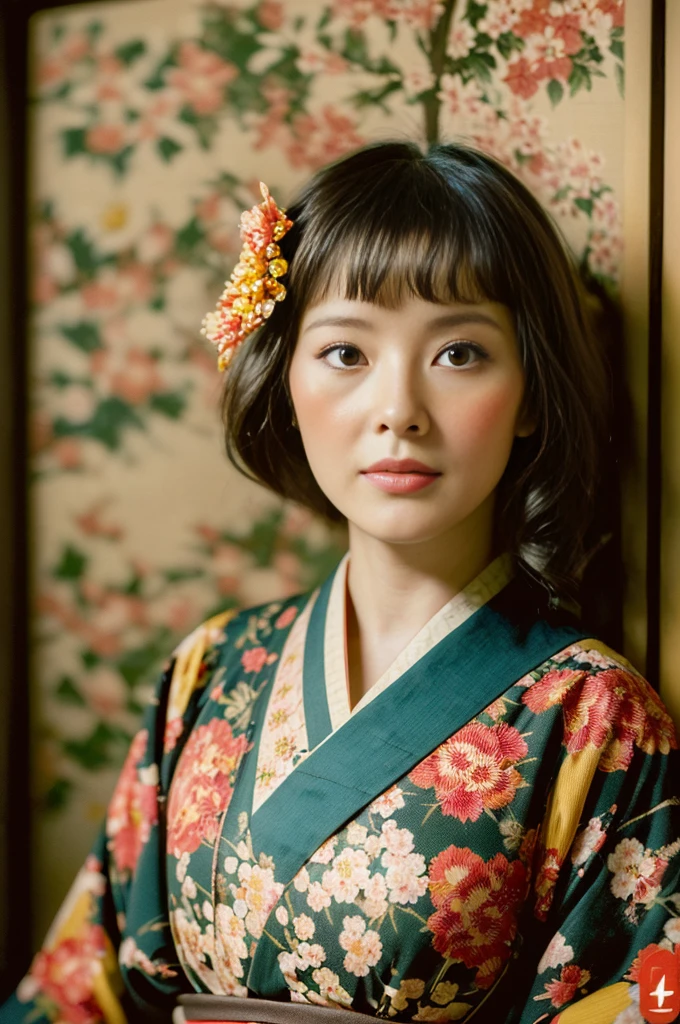 (Flicker effect:1.4)(analog film photo:1.4)(vintage photo:1.4)(portra 400)(instant film:1.3)in front of a traditional japanese room( woman in a floral textile kimono:1.2)1 woman, portrait, Korean idols, japanese beauty, high quality, (detailed face:1.4) best quality,8k