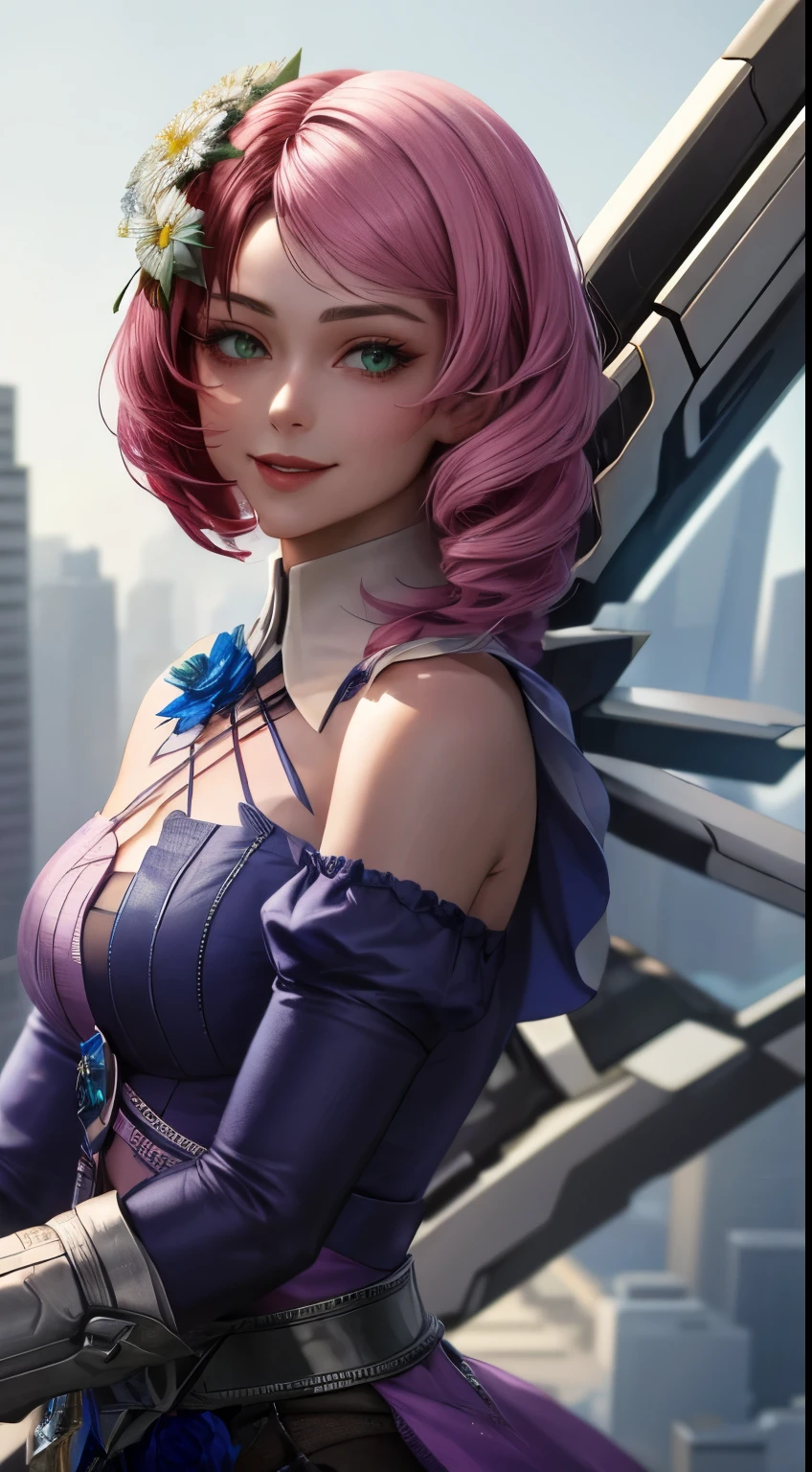 masterpiece, best quality, alisab, multicolored hair, hair flower, dress, cleavage, detached sleeves, white gloves, short shorts, asymmetrical legwear, mechanical wings, upper body, looking at viewer, futuristic city, looking at viewer, smile