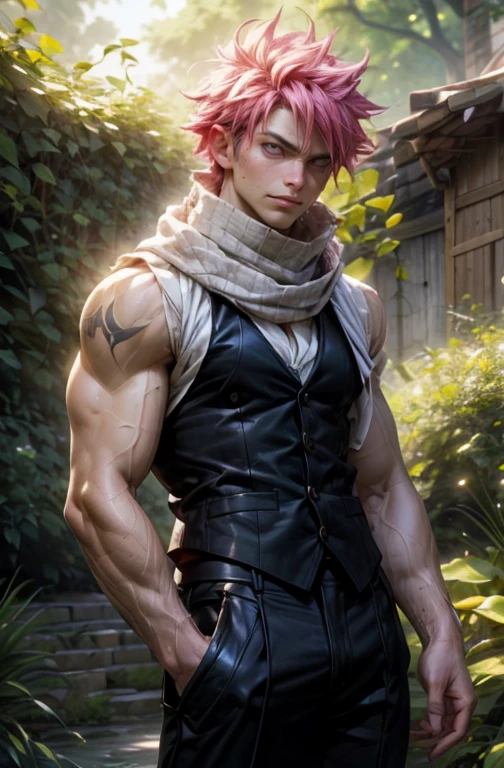(best quality,highres,ultra-detailed:1.2), A muscular man Natsu Dragneel is standing in a garden (flexing:1.1). He is wearing a (cut sleeve vest:1.2) and (white scarf:1.2) with visible chest and pecare chested:1.2, washboard abs:1.2, V-shape body:1.2). Natsu has extremely detailed facial features with beautiful detailed eyes, beautiful detailed lips, and long eyelashes. The garden surrounding him is filled with vibrant flowers and lush greenery. The garden has a vintage aesthetic inspired by the 1900s, with a touch of Zwxthejx's artistic style. The lighting in the scene is absolutely stunning, with gorgeous natural light illuminating the garden, creating a warm and inviting atmosphere.