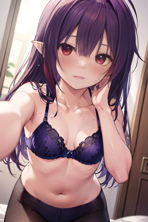 Yuki Konno, Yuki Konno, red hair band, Long hair，, pointy ear, Purple hair, (Red Eyes:1.5), (Small :1.2), Ahoge upper body sweat gushing, Heart-shaped pupil, cum on,dium breasts, 
osed eyes, blush, Erotic face，Show , From below, Focus, Beyond the particles of light, Love hotel bedroom, ，Purple bra，Y shirt，I grab the hem with my hands and hide my underwear.，Purple tights，四つん這い
BREAK outdoors, 
BREAK (masutepiece:1.2), Best Quality, High resolution, Unity 8k壁纸, (Illustration:0.8), (Beautiful detailed eyes:1.6), extra detailed face, Perfect Lighting, extremely details CG, (Perfect hands, Perfect Anatomy),