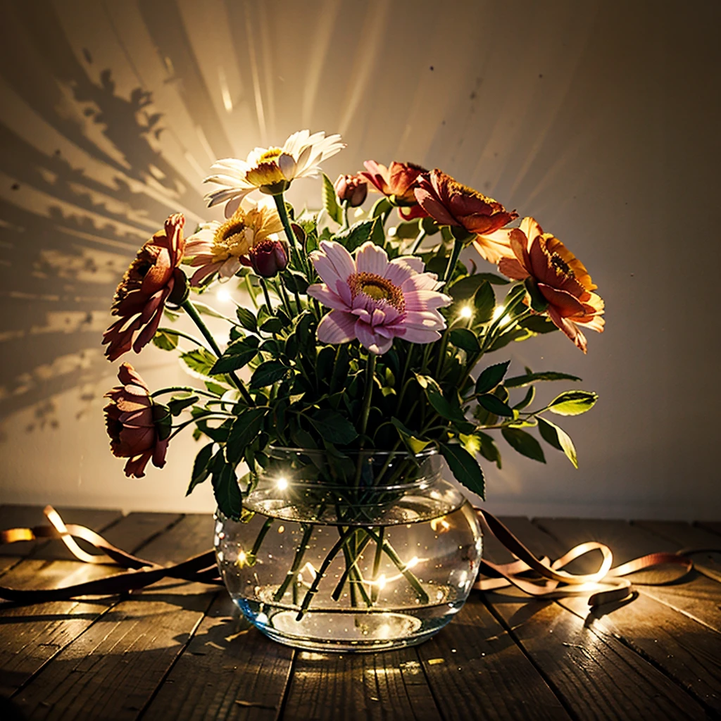 CREATE A REALISTIC PICTURE OF FLOWERS WITH GLOW AND LIGHTS WITH WHITE BACKGROUND