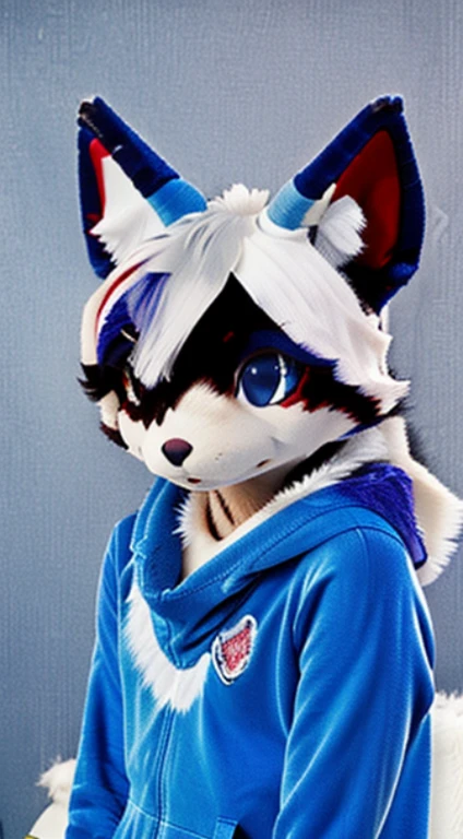 Boy fursuit,blue fur,fursuit!!!,solo, one eye closed, smile, furry, sky blue hair, 1boy, blue fox ears,blue fur, male focus, looking at viewer, hand up, grin, furry male,blue hoodie, teeth, portrait, sky blue eyes,white fur,multicolored hair, bangs, multicolored fur, ahoge,sky background,blu scarf,half body