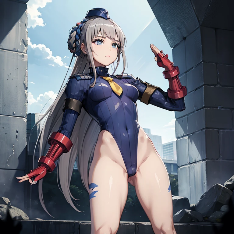 ultra-detailed, Explicit, Beautiful body, Beautiful Nose, Beautiful character design, perfect eyes, perfect face, ultra highres, 4K, beautiful legs, perfect legs, Nice hands, Perfect hand, Masterpiece, Best Quality, Highly detailed, illustration, absurdres, street fighter, doll suit, shadaloo doll, dollsuit, 1girl, Solo, expressionless, blank eyes, looking at viewer, red gloves, emotionless, black latex, corrution, mind control, female combatant, full body, hypnotized, unhappy trance, full body suit, ribbed bodysuit, both arms at side, stand up straight, obey, perfect female body, extremely glossy latex, hypnosis, hypnoLora, empty eyes, Mind control device, poses, brainwashed, submissive_pose, Slave, hat, necktie, stand up straight, standing, standing at attention, belt, latex, garter belt, thighhighs, garter belt, nazi saluting, military, military saluting, salute, Pope Joan, Fate/Grand Order, grey hair, long hair, blue eyes, braided_hair_rings, very long hair, hair rings