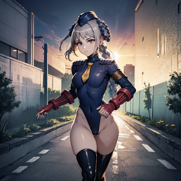 ultra-detailed, Explicit, Beautiful body, Beautiful Nose, Beautiful character design, perfect eyes, perfect face, ultra highres, 4K, beautiful legs, perfect legs, Nice hands, Perfect hand, Masterpiece, Best Quality, Highly detailed, illustration, absurdres, street fighter, doll suit, shadaloo doll, dollsuit, 1girl, Solo, expressionless, blank eyes, looking at viewer, red gloves, emotionless, black latex, corrution, mind control, female combatant, full body, hypnotized, unhappy trance, full body suit, ribbed bodysuit, both arms at side, stand up straight, obey, perfect female body, extremely glossy latex, hypnosis, hypnoLora, empty eyes, Mind control device, poses, brainwashed, submissive_pose, Slave, hat, necktie, stand up straight, standing, standing at attention, belt, latex, garter belt, thighhighs, garter belt, nazi saluting, military, military saluting, salute, Pope Joan, Fate/Grand Order, grey hair, long hair, blue eyes, braided_hair_rings, very long hair, hair rings