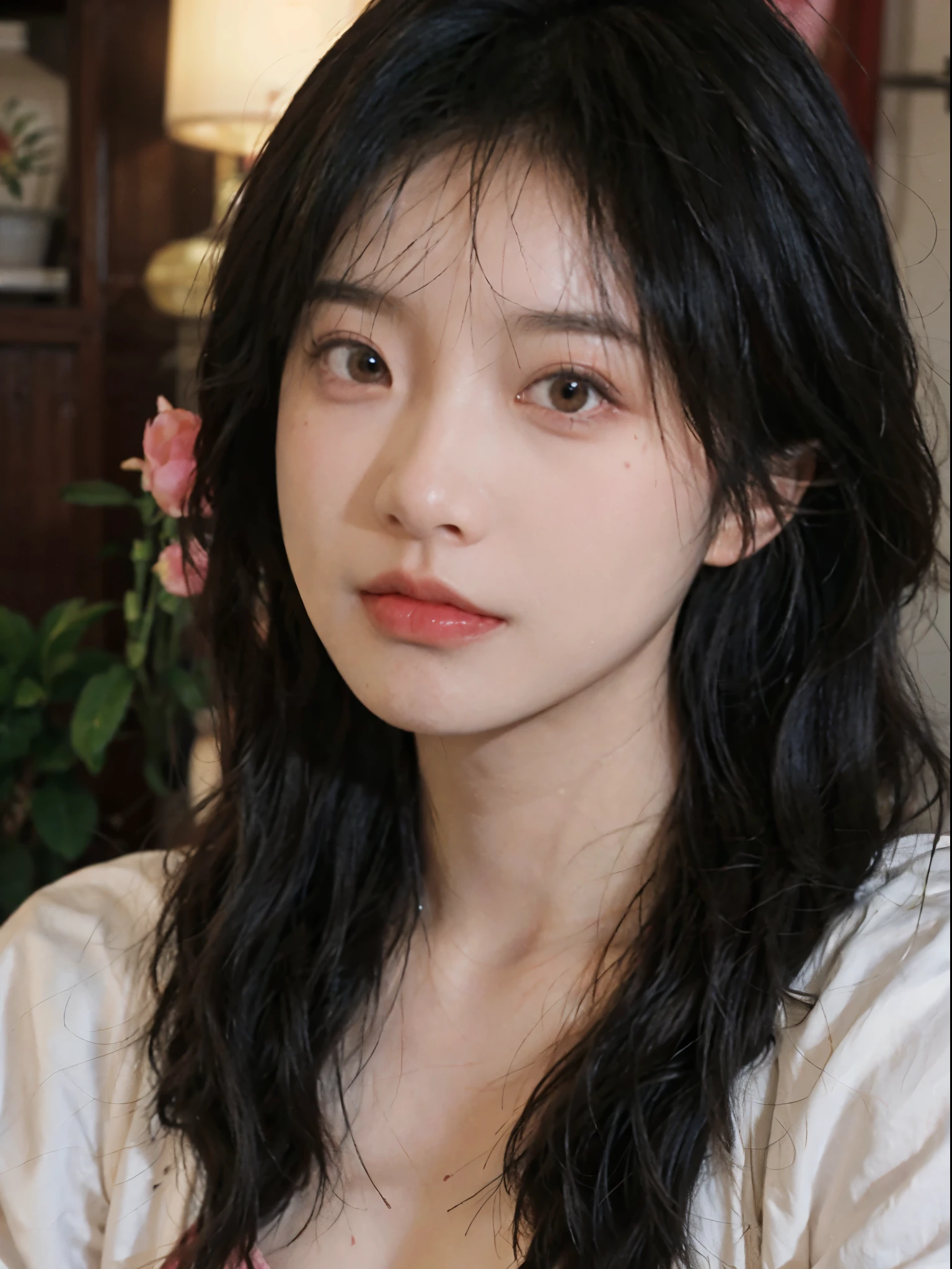 Best quality， 超高分辨率， （realistically：1.4）， one-girl， A pair of clear and moving peach blossom eyes,Imperial sister，a sense of atmosphere，（faded ash-gray hair：1.4）， （The large：1.4）， looking at viewert， closeup cleavage ，