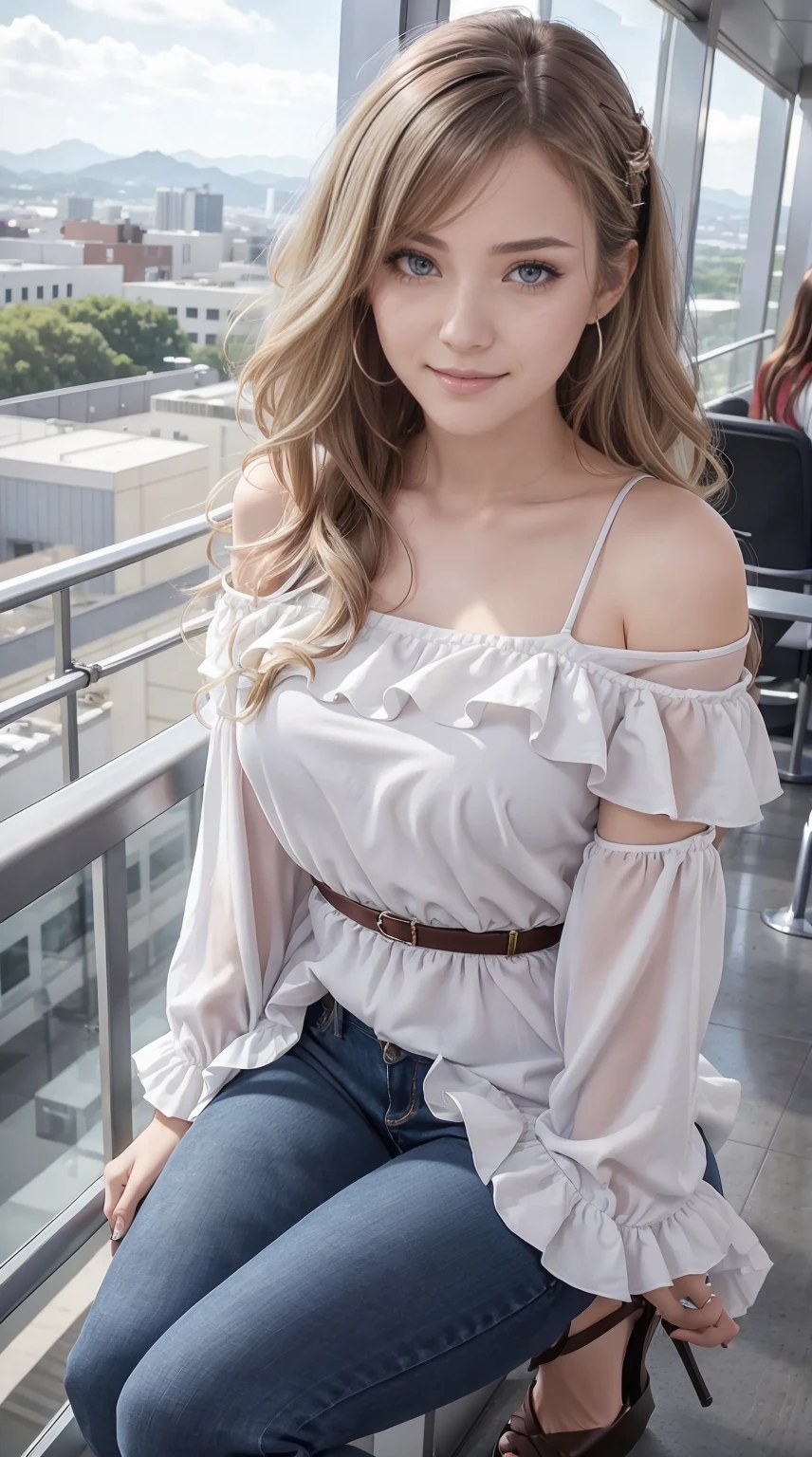 24-year-old Caucasian woman、Hair color is a gradation of brunette and purple、Hair is wavy、Eye color is blue、Longhaire、A slender、a smile、Beautiful breasts、A slenderだが均整の取れた細マッチョな身体、wearing an off-shoulder blouse with frills、She's wearing a frilly arm dress、I'm wearing jeans、I'm wearing high heels、I'm on an observation deck on top of a small mountain with a nice view.、You can see the cityscape in the distance、Holding the railing and looking at the scenery、a smile、I'm wearing a hair ornament、setting hair、Hair flutters in the wind