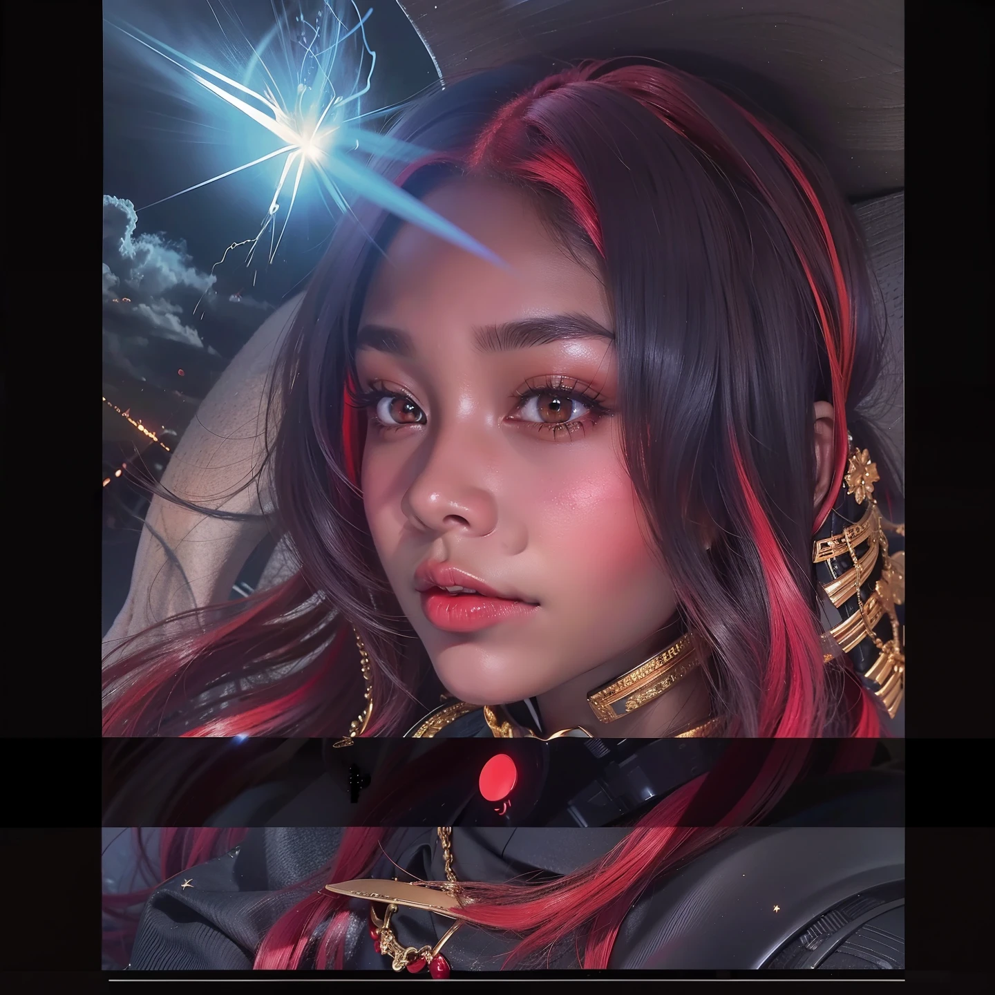 a close up of a black woman with long red hair and a star, with red haze, ☁🌪🌙👩🏾, very very low quality picture, red magic surrounds her, with few fire red highlights, low quality grainy, profile picture, headshot profile picture, profile pic, taken in the early 2020s, with red glowing eyes