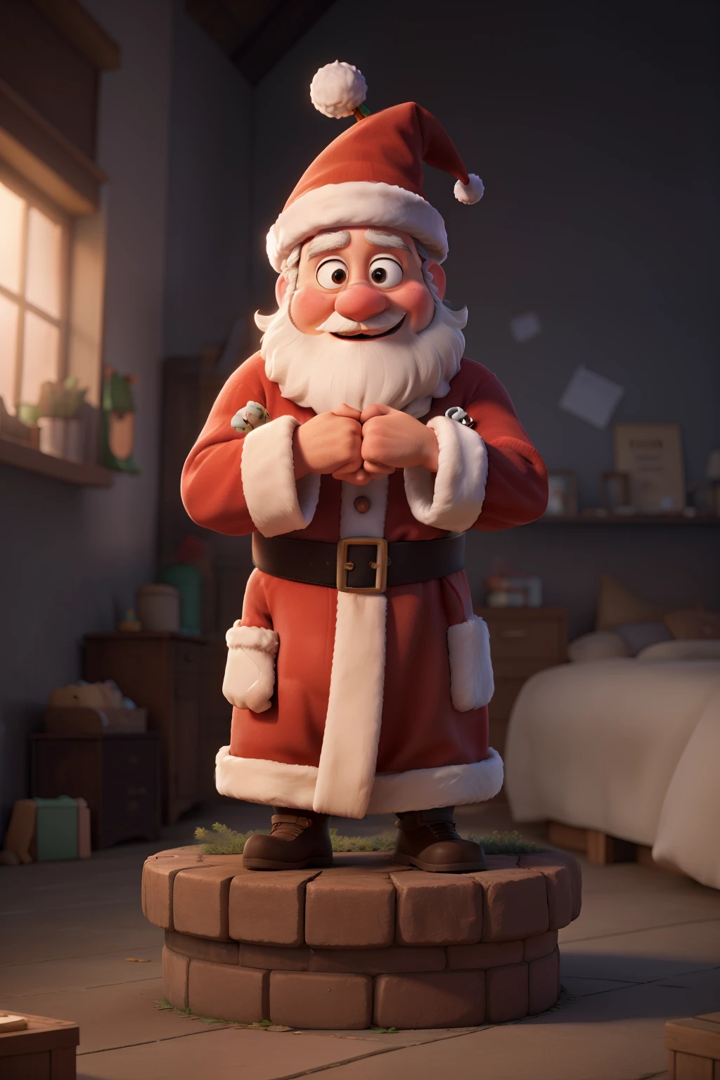 Big fat Santa Cartoon stuck on chimney Pixar style render 8k