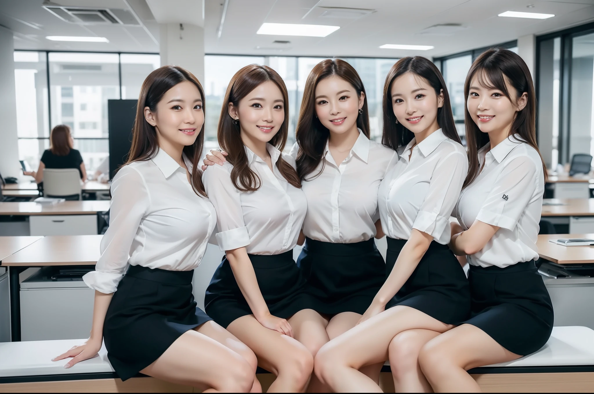 ((Best Quality, 8k, Masterpiecedetails, ultra-high resolution)), (group picture)(looking at the viewer), (full shot:), attractive business 5 milfs, 5 people, a bit chubby:0.25, white collared shirt, grey skirt, (sitting with cross legs on office desks)), smile, office of CEO,