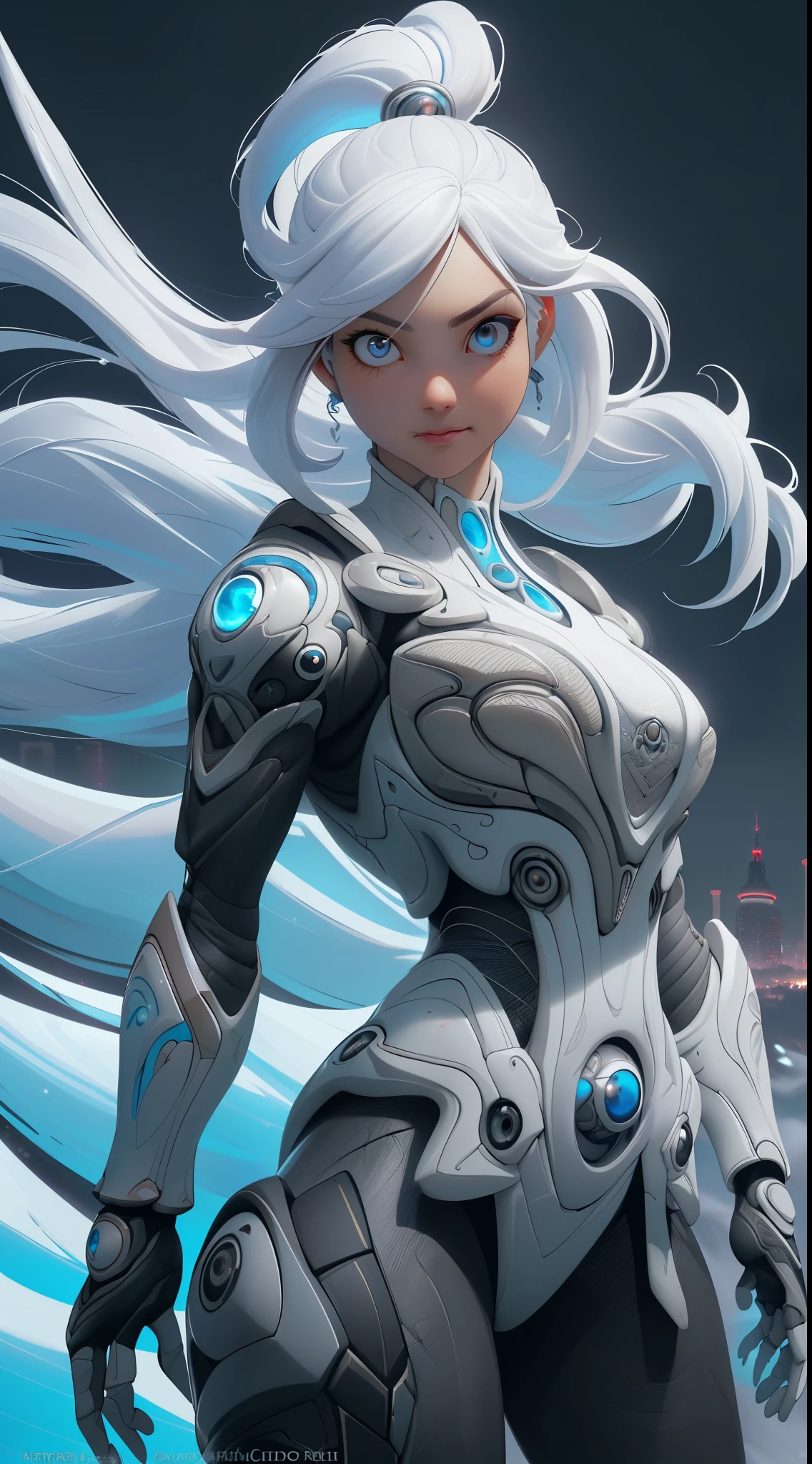 Un primer plano de una mujer con el pelo largo y blanco y los ojos azules, extremely detailed Artgerm, Modelo IG | Artgerm, Artgerm. High detail, Artgerm detailed, rossdraws global illumination, style Artgerm, Artgerm on artstation pixiv, Artgerm and rossdraws, Artgerm portrait,(fondo piedras grandes congelados hielo), (Vibrante, Foto realista, realista, dramatic, oscuro, foco nítido, 8k),,motor irreal:1.4,UHD,La mejor calidad:1.4, fotorrealista:1.4, textura de la piel:1.4, obra maestra:1.8,obra-prima, mejor calidad,(Beautiful and detailed eye description:1.4),(fondo ciudad Tokio cyberpunkAI apocalyptic colors:1.4),(piel real: 1.3), (fondo cristales de hielo white grandes),( convexo, Dedos detallados), (Perfect anatomy ),(cabello white canoso:1.4)