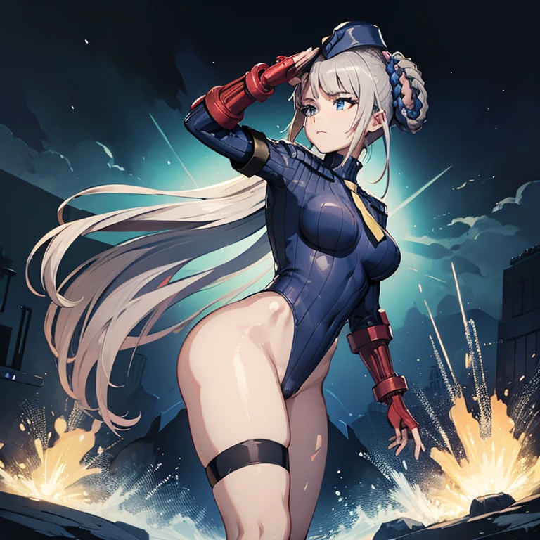 ultra-detailed, Explicit, Beautiful body, Beautiful Nose, Beautiful character design, perfect eyes, perfect face, ultra highres, 4K, beautiful legs, perfect legs, Nice hands, Perfect hand, Masterpiece, Best Quality, Highly detailed, illustration, absurdres, street fighter, doll suit, shadaloo doll, dollsuit, 1girl, Solo, expressionless, blank eyes, looking at viewer, red gloves, emotionless, black latex, corrution, mind control, female combatant, full body, hypnotized, unhappy trance, full body suit, ribbed bodysuit, both arms at side, stand up straight, obey, perfect female body, extremely glossy latex, hypnosis, hypnoLora, empty eyes, Mind control device, poses, brainwashed, submissive_pose, Slave, hat, necktie, stand up straight, standing, standing at attention, belt, latex, garter belt, thighhighs, garter belt, nazi saluting, military, military saluting, salute, Pope Joan, Fate/Grand Order, grey hair, long hair, blue eyes, braided_hair_rings, very long hair, hair rings, church scene