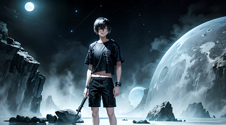 an emo male teenager with short black hair and black cargo pants and a white t shirt,  blue lagoon, night, moon, blue planet, futuristic