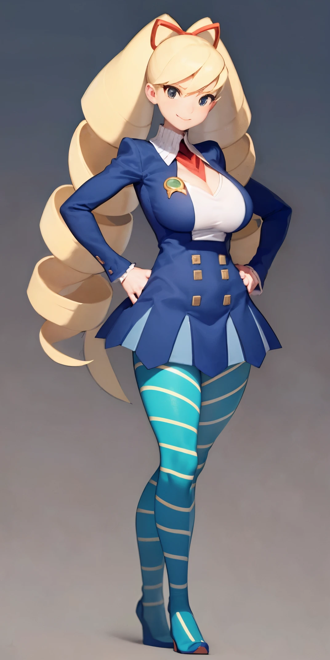 full body standing straight symmetrical, huge boob(masterpiece, best quality:1.2), cowboy shot, solo, 1girl, mmplatz, smile, looking at viewer, hands on hips, twintails, twin drills, dress, blue pantyhose, striped pantyhose, Handcuffs on their hands, With a collar around the neck