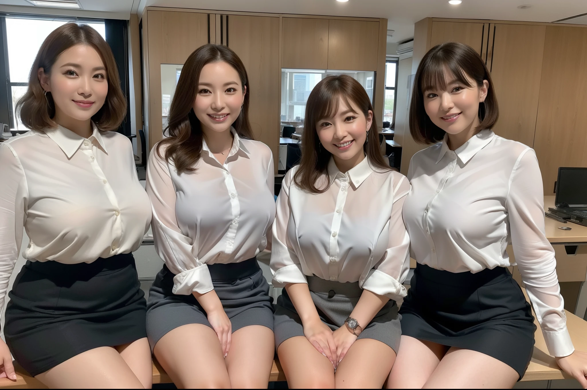 ((Best Quality, 8k, Masterpiecedetails, ultra-high resolution)), (group picture)(looking at the viewer), (full shot:), attractive business 5 milfs, 5 people, a bit chubby:0.25, plump thigh, white collared shirt, grey skirt, (sitting with cross legs on office desks)), smile, office of CEO,