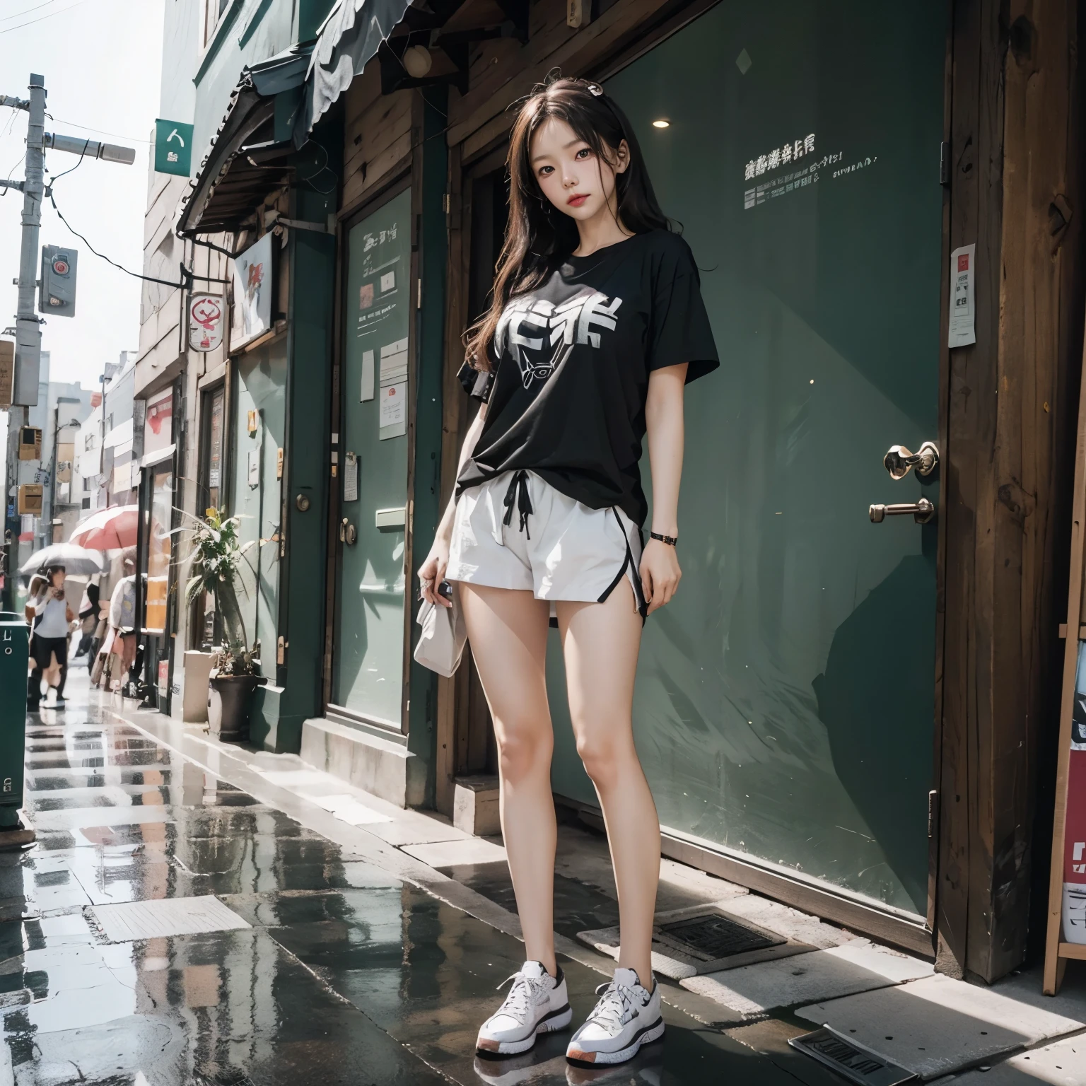 photographed: Araki Shigenobu, ((supermodel style character in detailed full body))), standing, posing, big breast, Rain with cool black and white t-shirt design and serial experience Japan age girl, Text Says: 「September 21」, typographic「September 21」で、Place the glue on the sides and bottom of the square screen. , high detailing, 8K, on tokyo street, high details, FUJIFILM New RX
