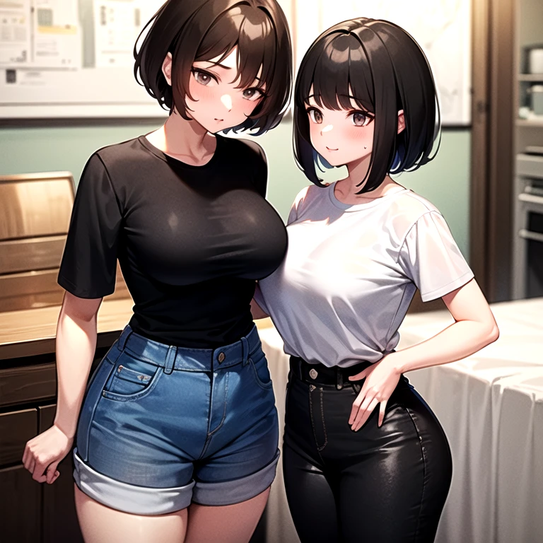 masterpiece, best quality, child, sisters, siblings, age difference:1.4, 2girls, size difference, height difference, (1girl, older girl, onee-san, big sister, medium hair, light brown hair, grey eyes, black shirt:1.4, long sleeves, pants, denim, tight shirt, see-through, big breasts, narrow waist, wide hips), (1girl, very short hair, brown hair, brown eyes, red shirt, short sleeves, black shorts), indoors