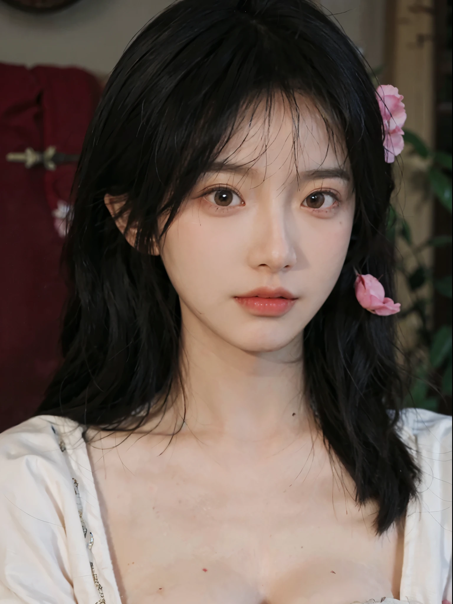 Best quality， 超高分辨率， （realistically：1.4）， one-girl， A pair of clear and moving peach blossom eyes,Imperial sister，a sense of atmosphere，（faded ash-gray hair：1）， （The large：1.3）， looking at viewert， closeup cleavage ，