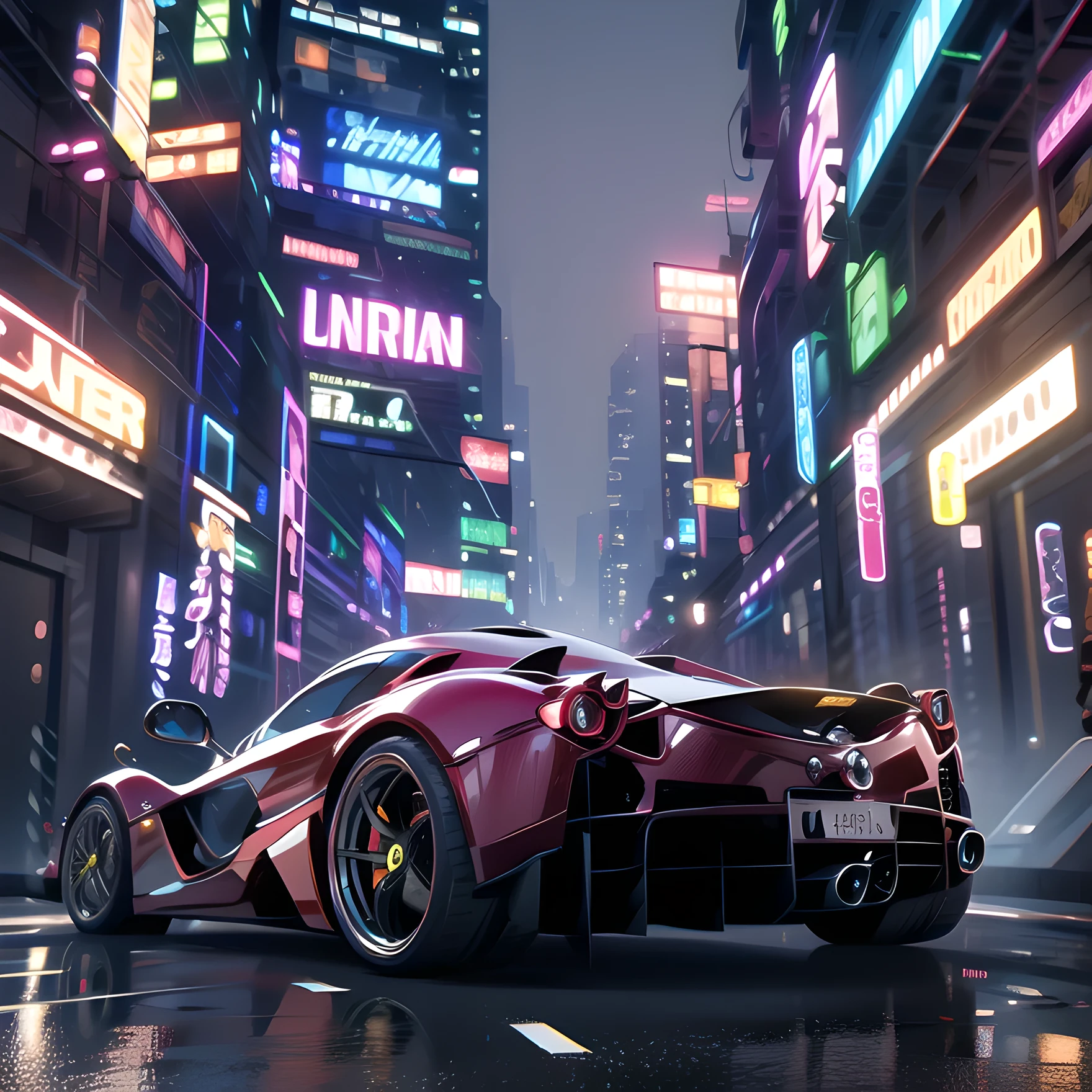 retrowave. city, LaFerrari, wide body kit, road,  Psychedelic purple neon lights, sun, mountain, 
(masterpiece,detailed,highres), 8k, majestic resolution, complete car figure with scenery