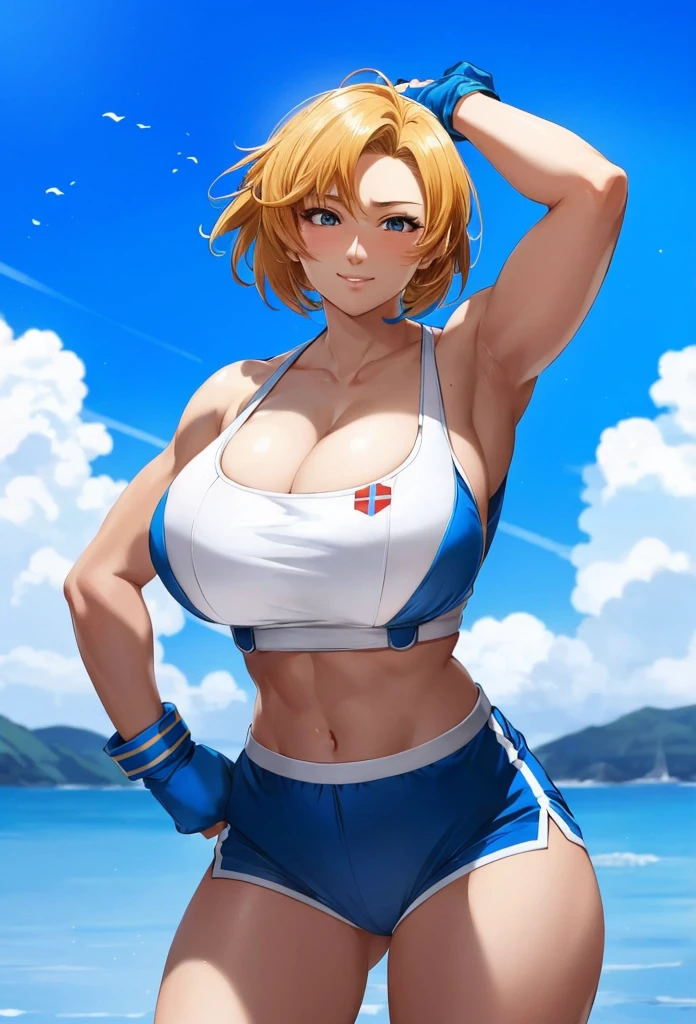 Chica de anime en bikini posando en la playa con un cielo azul en el fondo, Cudesexyrobutts, Chica poderosa, protagonista femenina 👀 :8, Androide 18, [ Arte digital 4K ]!!, Personaje de King of Fighters, Arte de anime digital, Fanart exquisito altamente detallado, detailed Arte de anime digital, Chun Li en el gimnasio, digital anime illustration