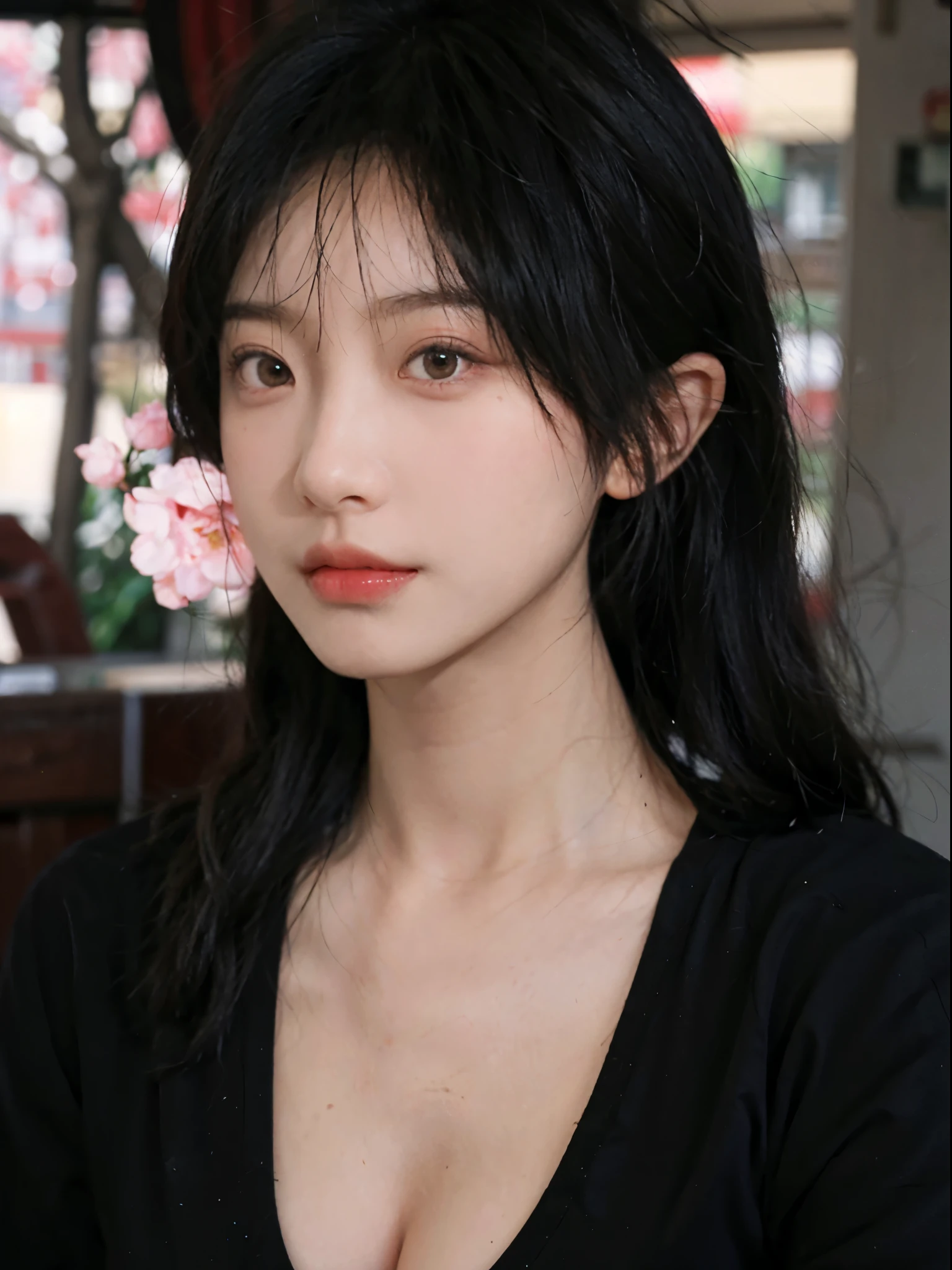 Best quality， 超高分辨率， （realistically：1.4）， one-girl， A pair of clear and moving peach blossom eyes,Imperial sister，a sense of atmosphere，（faded ash-gray hair：1）， （The large：1.3）， looking at viewert， closeup cleavage ，