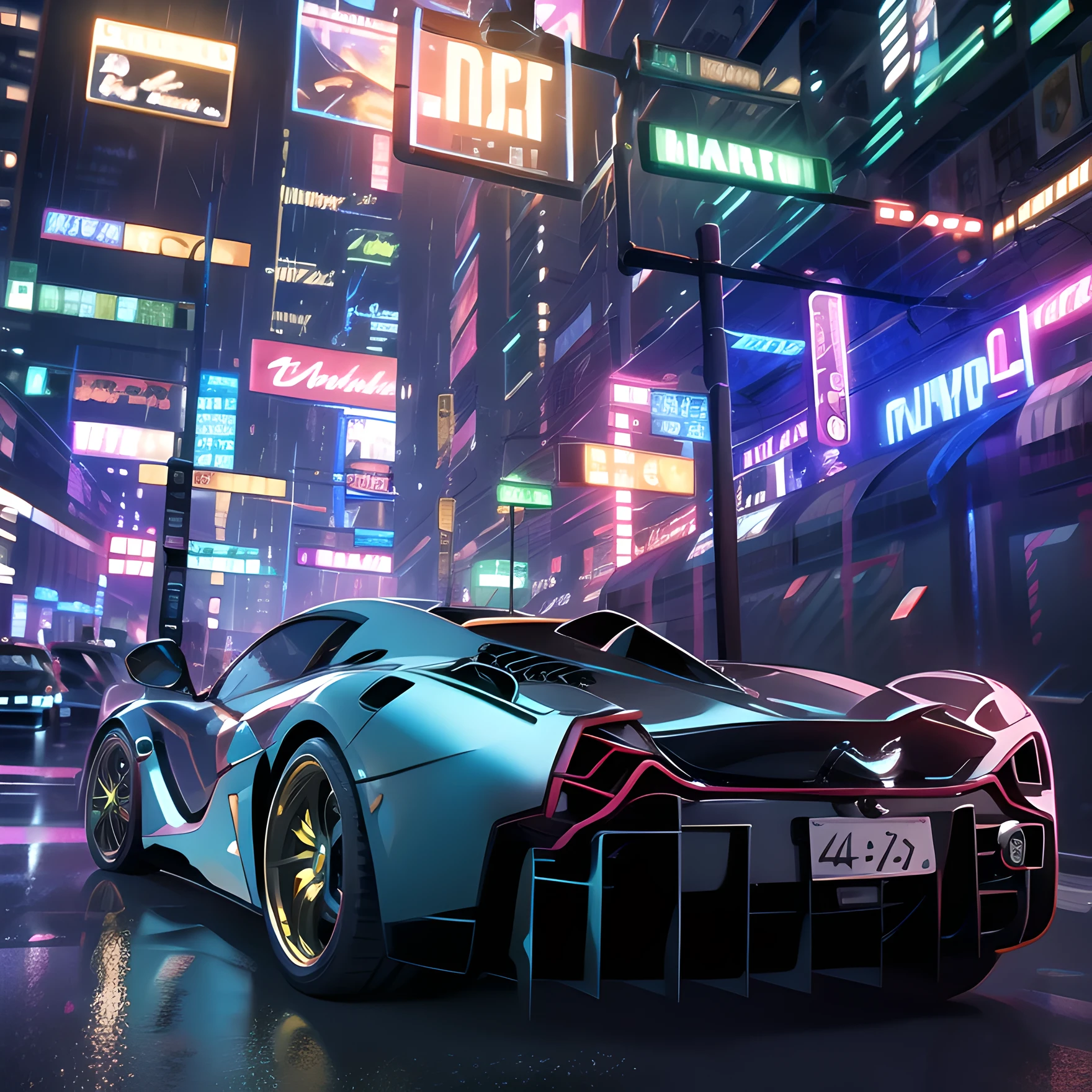 retrowave. city, LaFerrari, wide body kit, road,  Psychedelic purple neon lights, sun, mountain, 
(masterpiece,detailed,highres), 8k, majestic resolution, complete car figure with scenery