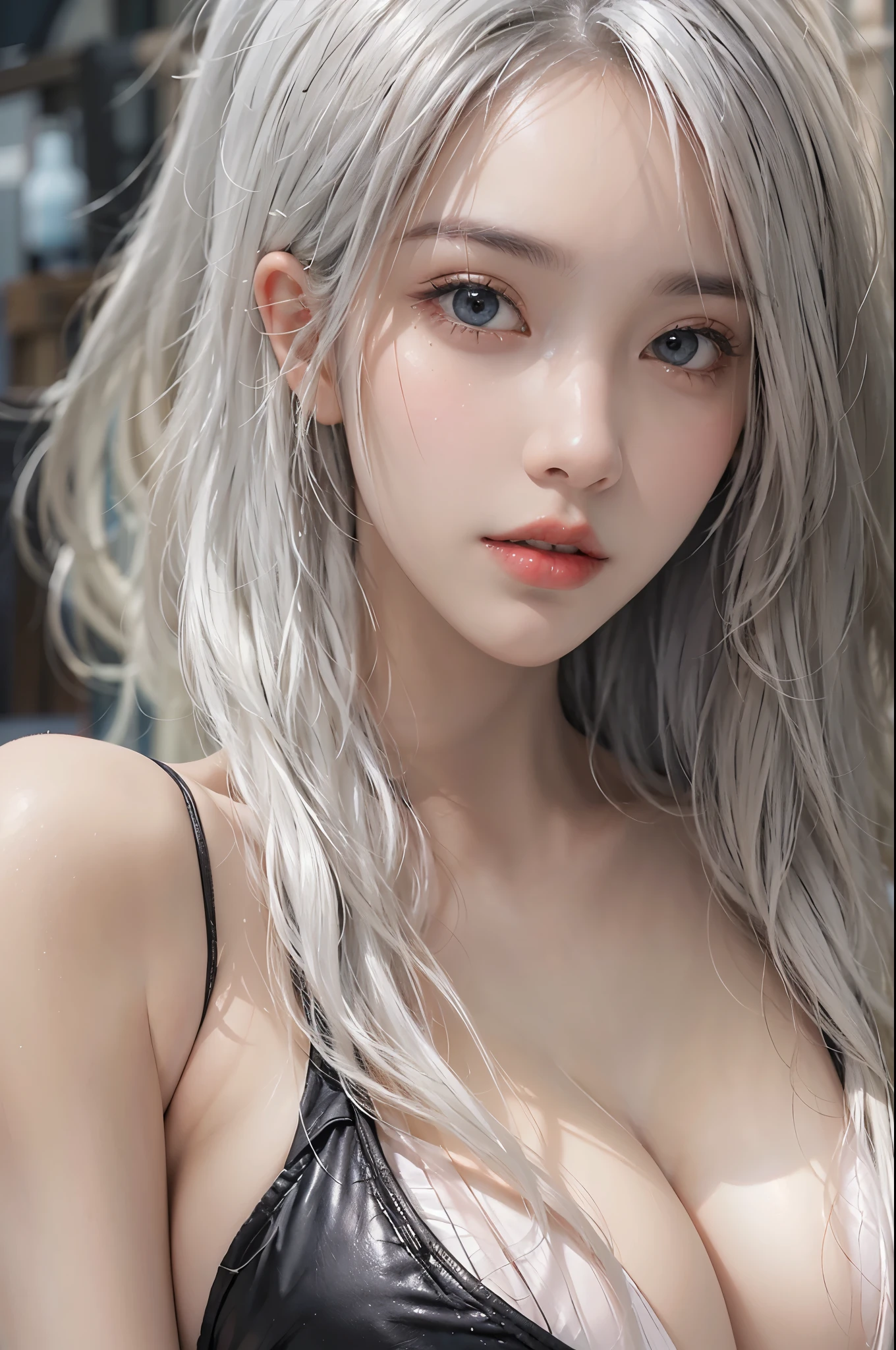 Photorealistic, High resolution, 1 Women, Solo, Beautiful eyes, look at viewr, Close lips, Detailed face, White hair, Long hair, black micro-bikini, thong,slender body shape